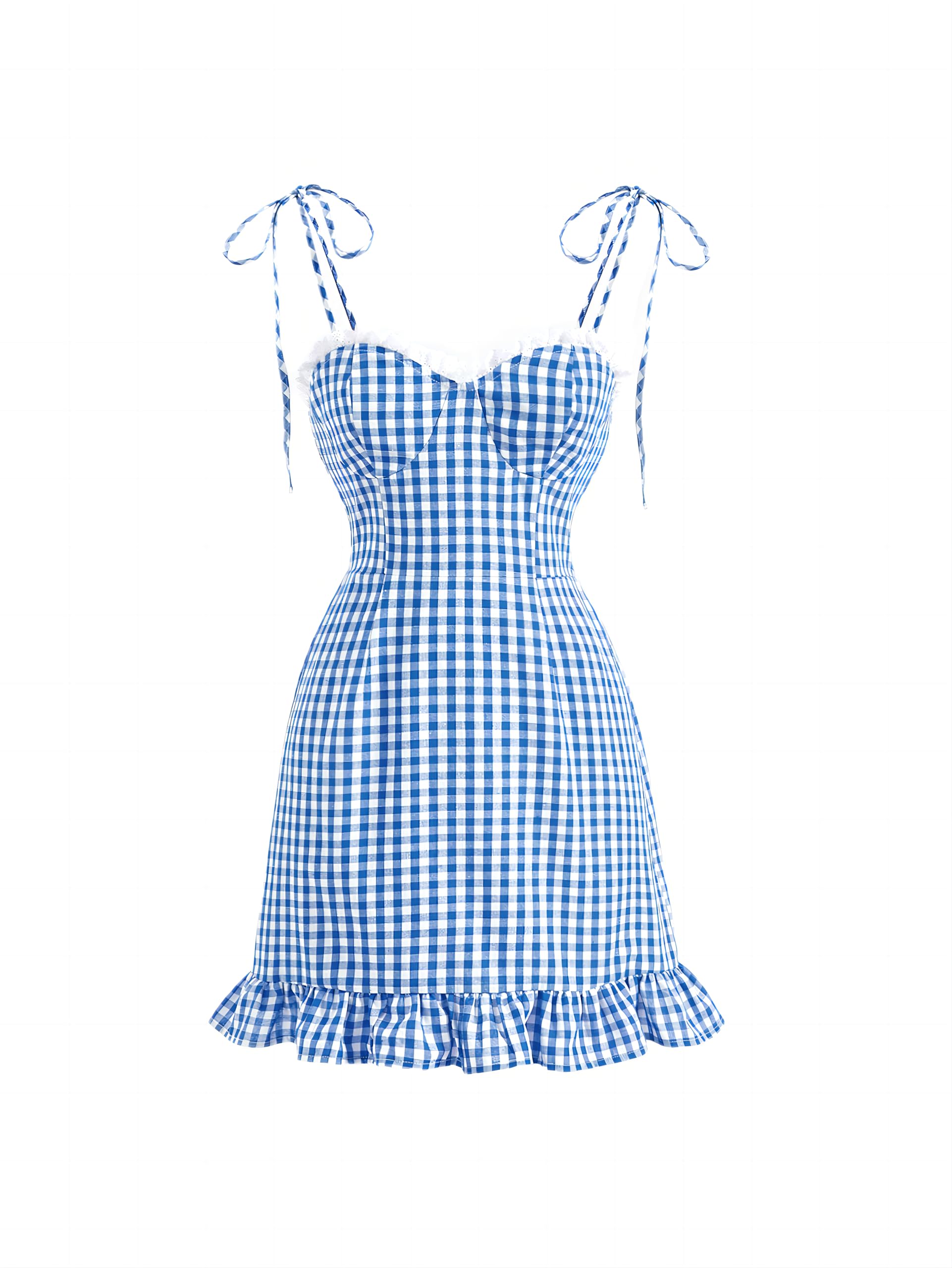 Women's Gingham Print tie Shoulder Sleeveless Ruffle Hem Cami Dress