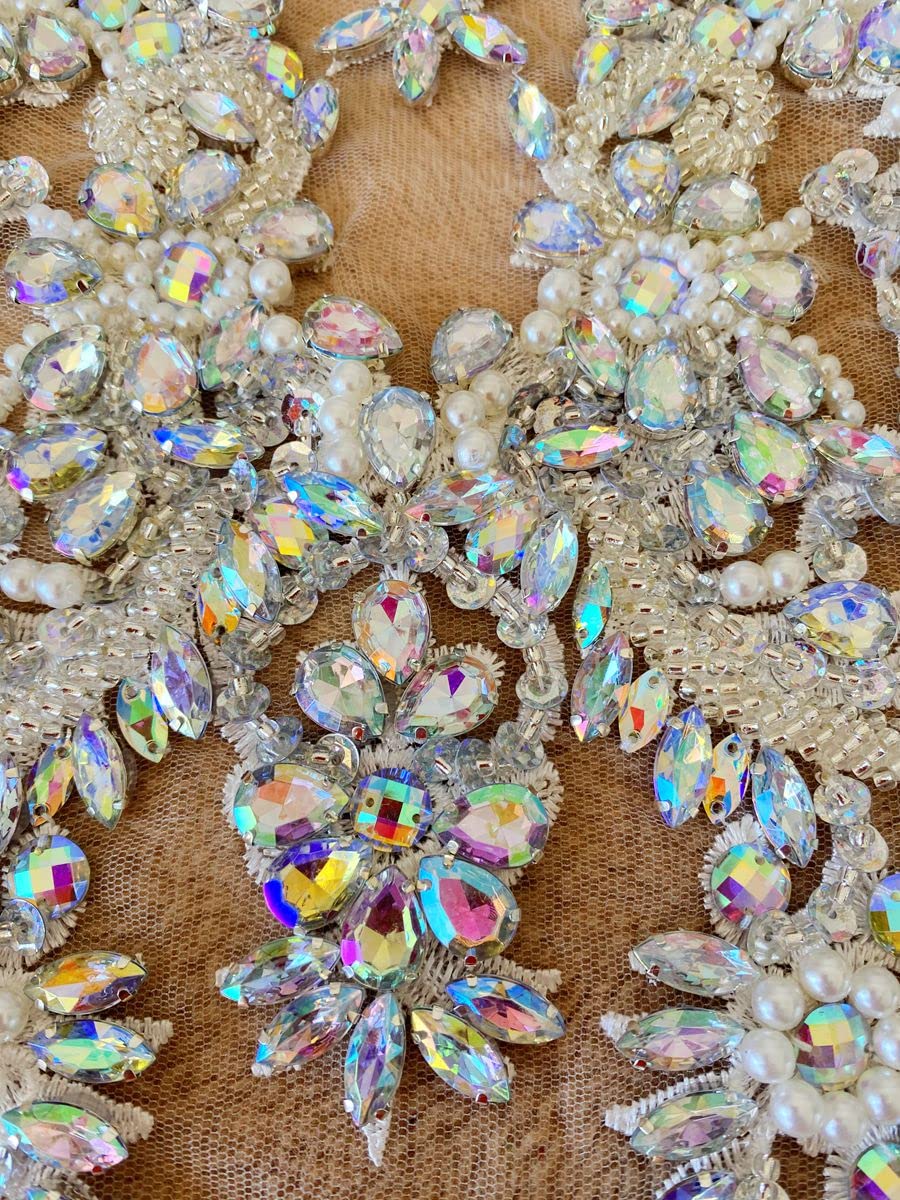 Handmade red/Blue/Gold/Green Rhinestones lace Bodice Applique Sewing Beads Crystal Trim Patches Accessory for Dress Clothes (Rose red)