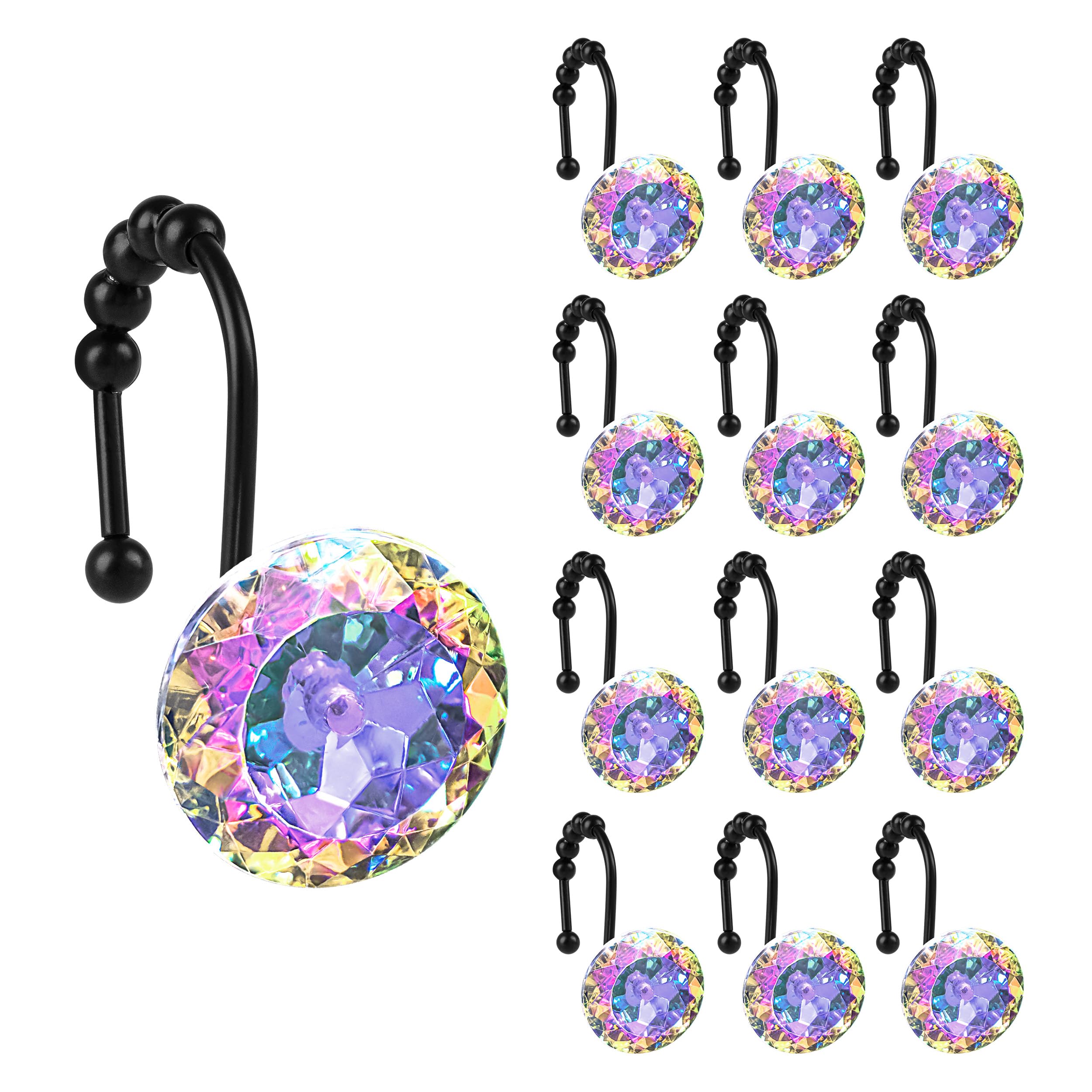 Luxury Design Round Diamond Crystal Gem Bling with Glide Balls Shower Curtain Hooks, Rust Proof Metal Rhinestones Glam Shower Curtain Rings-12 Pack