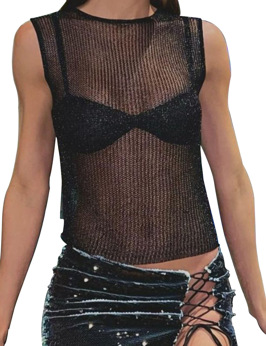 Women Sexy Fishnet Knit Glittering Crop Tank Top Sheer Mesh Sleeveless Crewneck Solid Slim Cropped Tops