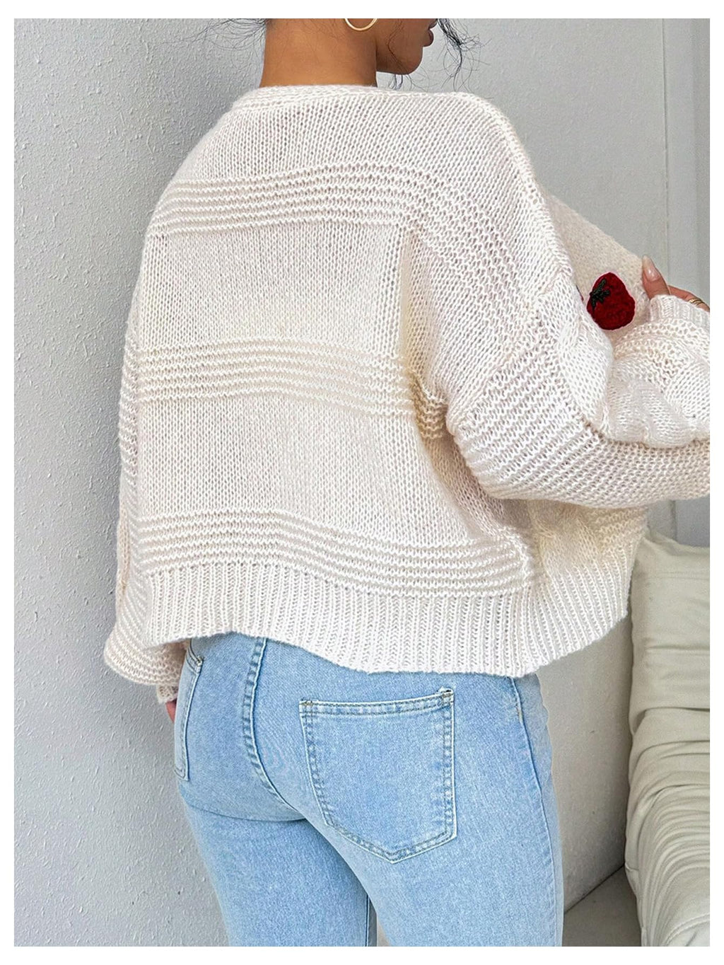 Women's Strawberry Embroidery Crop Cardigan Drop Shoulder Button Up Sweater Tops V Neck Outerwear