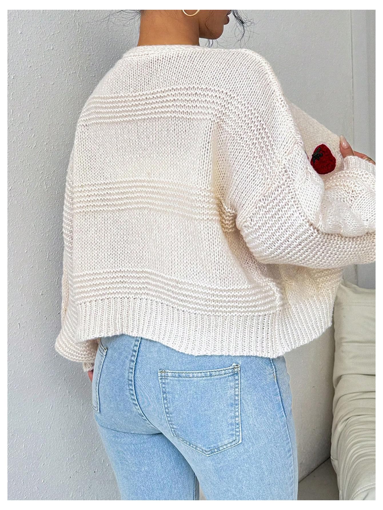 Women's Strawberry Embroidery Crop Cardigan Drop Shoulder Button Up Sweater Tops V Neck Outerwear