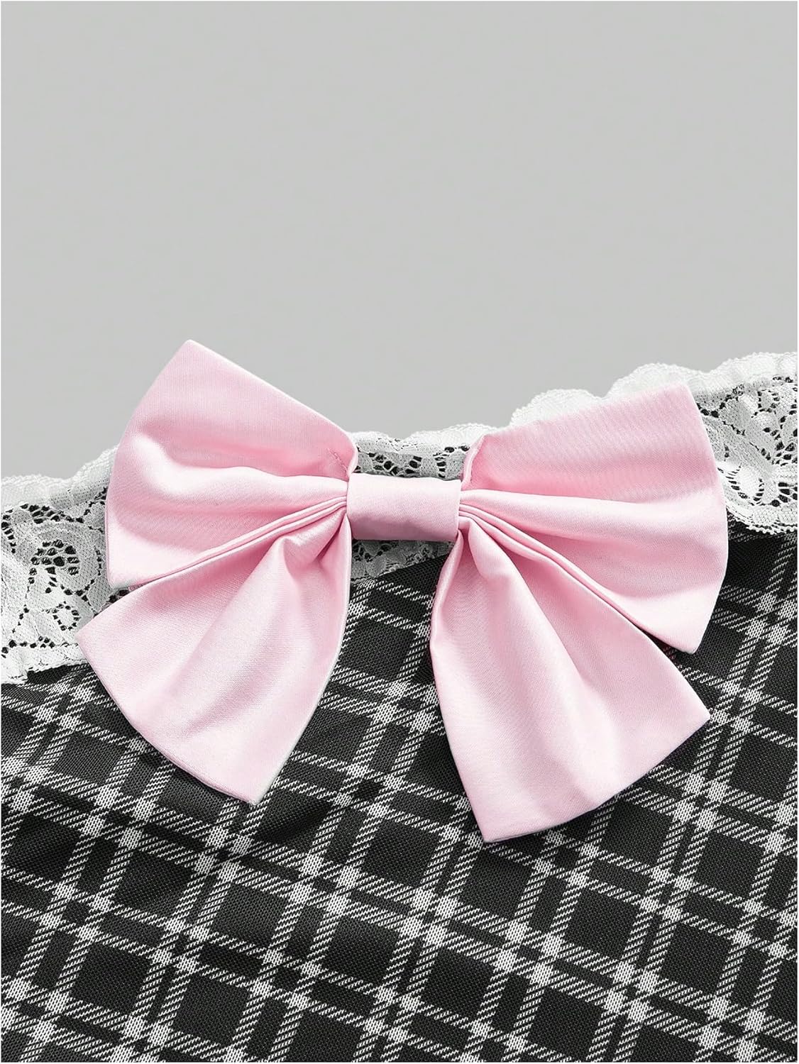 Women's Y2k Bow Plaid Tube Top Strapless Sleeveless Lace Trim Bandeau Crop Tops