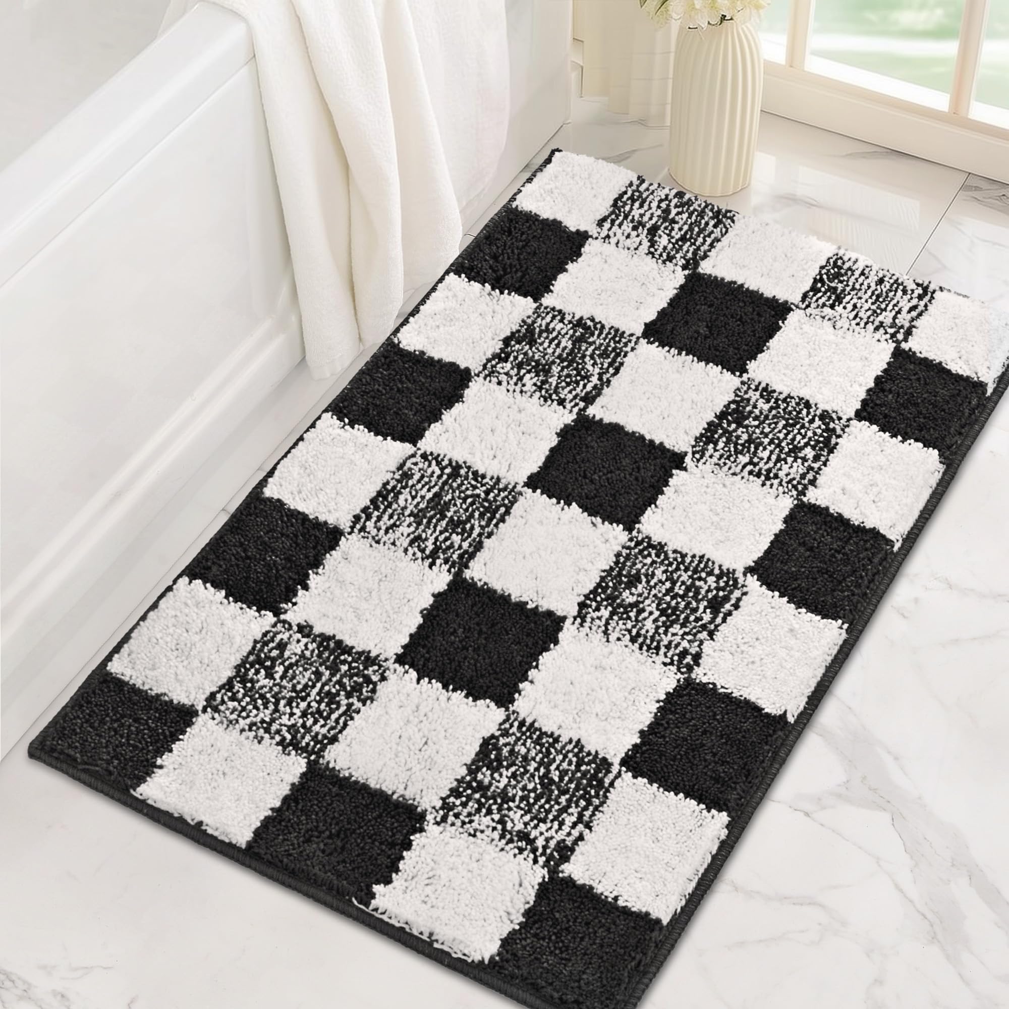Checkered Bathroom Rugs, Fluffy Rug, Absorbent Microfiber Ultra Soft Bath Mat Washable, Non-Slip Bath Mats for Bathroom, Cute Floor Mat