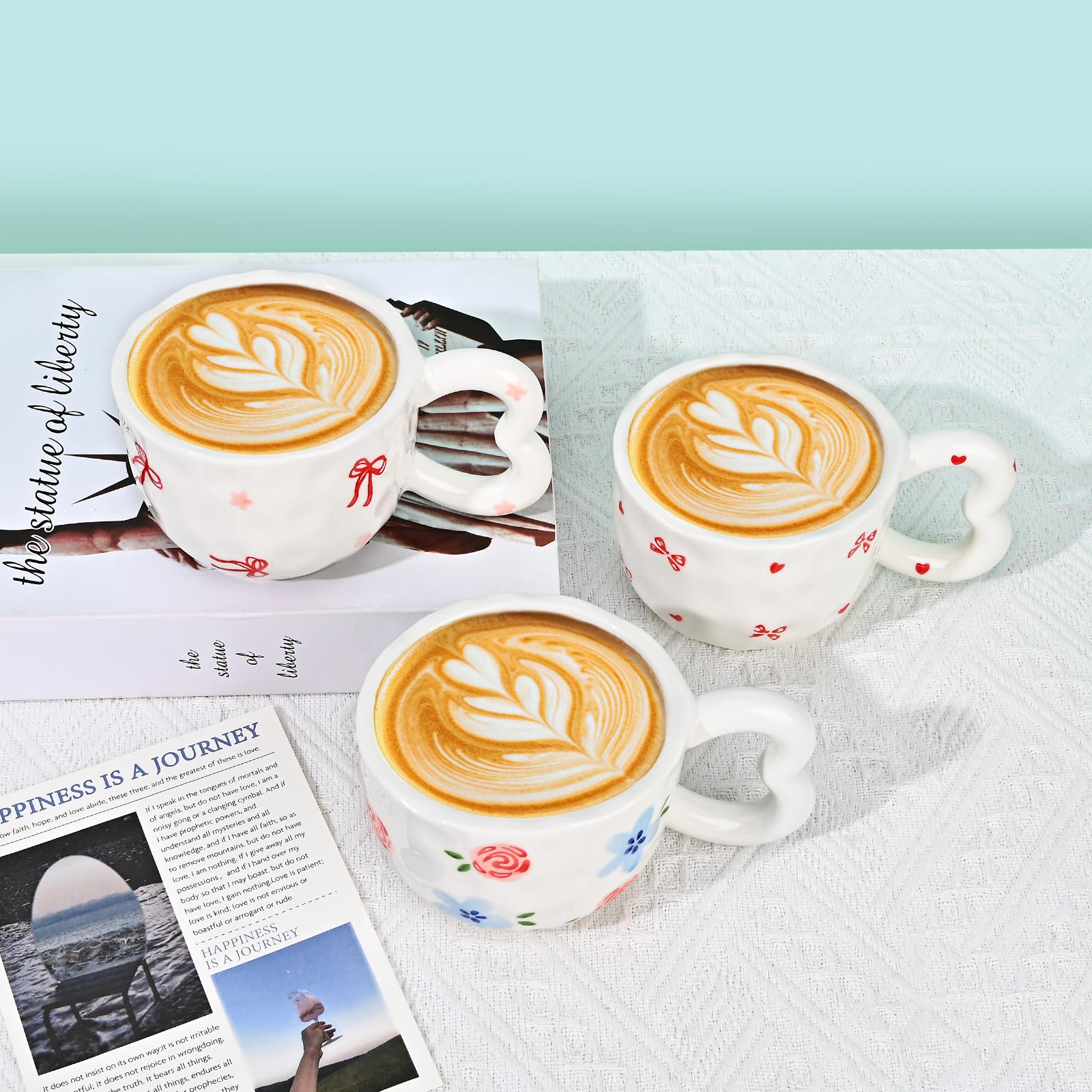 Ribbon Bow Ceramic Mug, Cute Creative Heart Handle Mug Design, 10.5 oz/300 ml