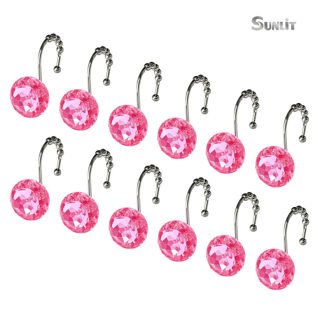 Luxury Design Round Diamond Crystal Gem Bling with Glide Balls Shower Curtain Hooks, Rust Proof Metal Rhinestones Glam Shower Curtain Rings-12 Pack