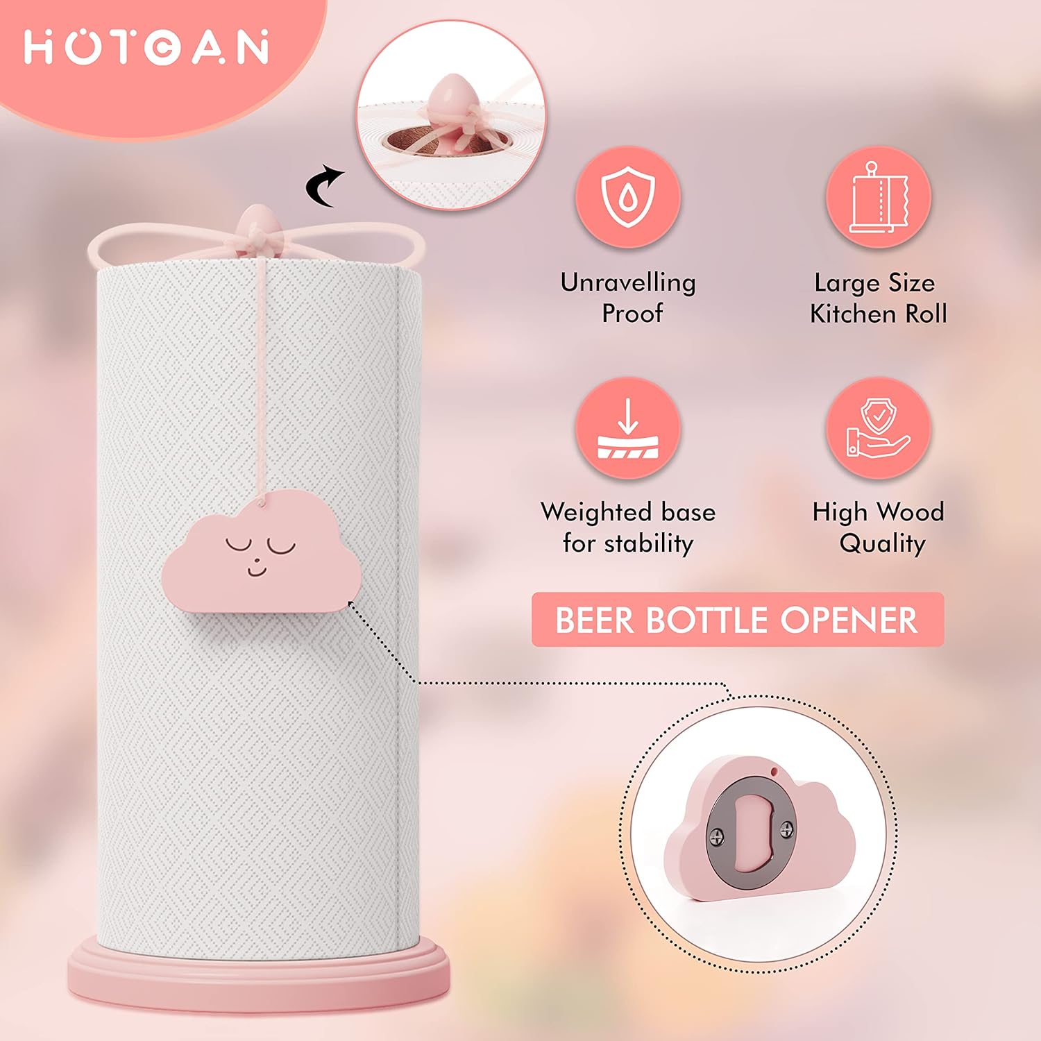 Cute Pink Paper Towel Holder with Beer Bottle Opener â€?Beech Wood Kitchen Accessory, Windproof Design for Outdoor Use Also