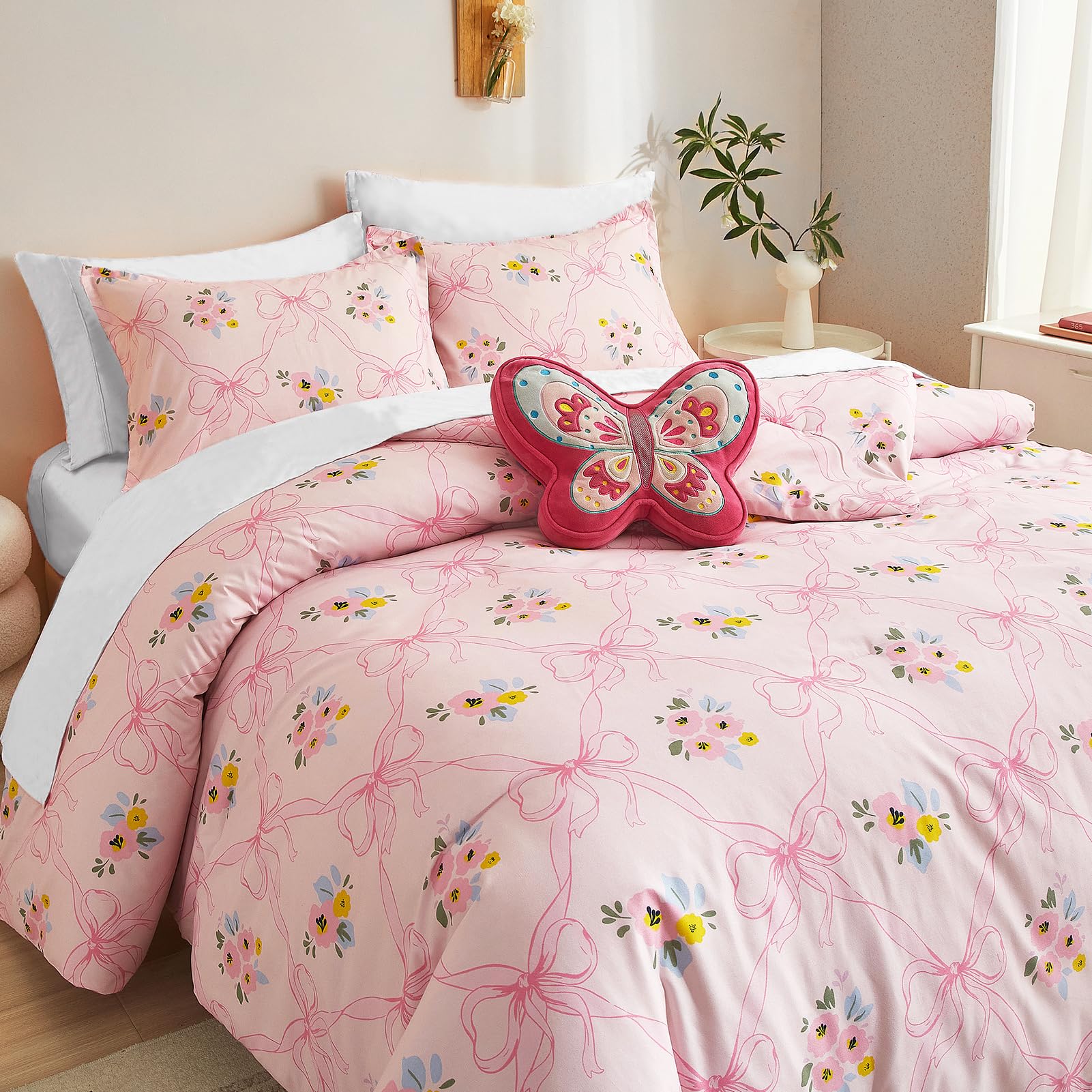 Pink Bow Comforter Set Comforter Set for Girls, 2 Pieces Bed in a Bag Cartoon Bow Tie Pattern, Floral Bedding Set