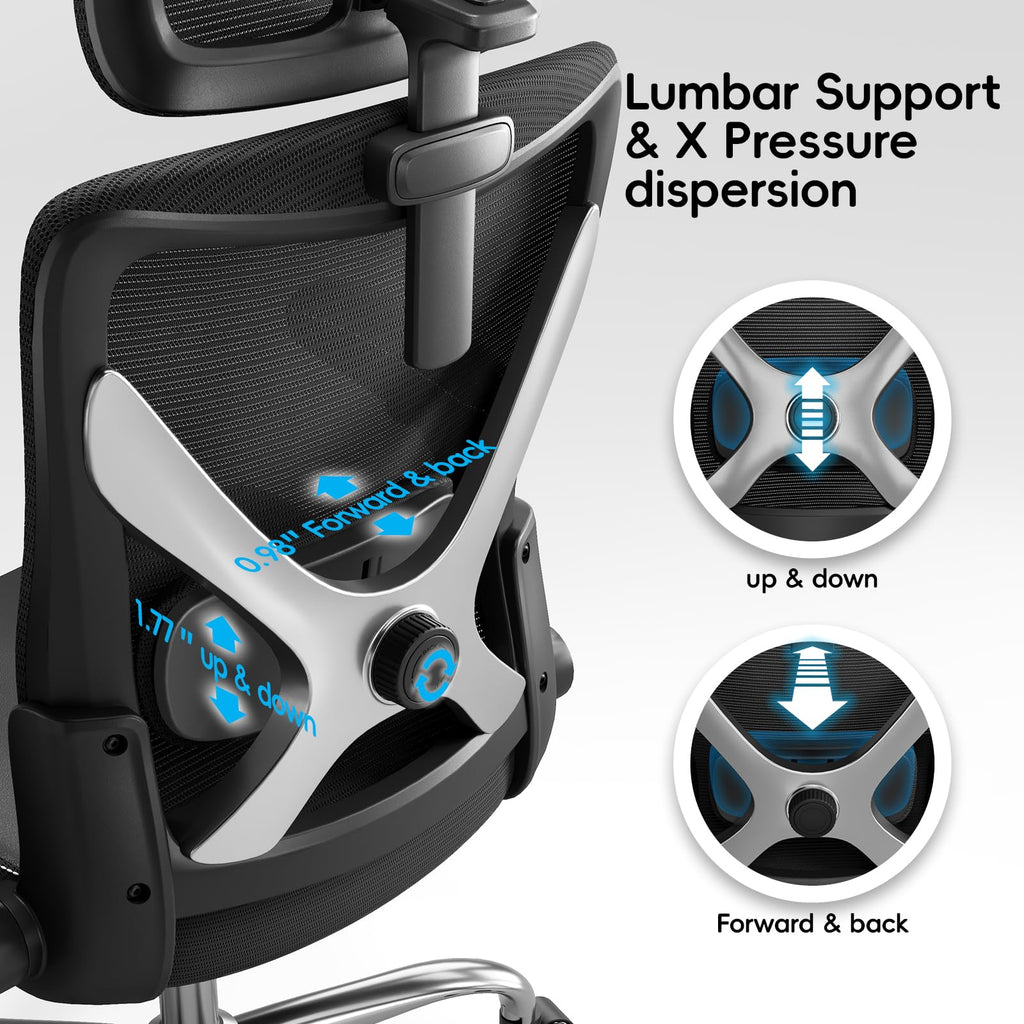 Ergonomic Desk Chair-Computer X-Shaped Chair Mesh PU Leather with Adjustable Lumbar Support-Executive Chair High Back with Headrest Flip-Up Arms for Long Hours