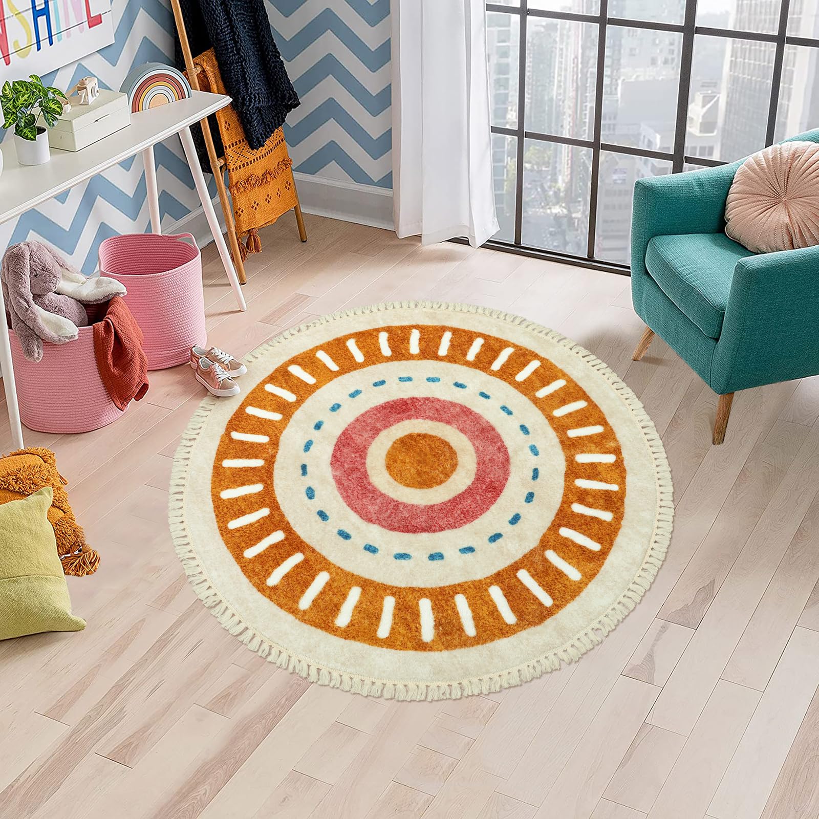 Orange Rainbow Boho Runner Rugs with Fringes, Sun Washable Hallway Runner Rug, Soft Non-Slip Area Rug