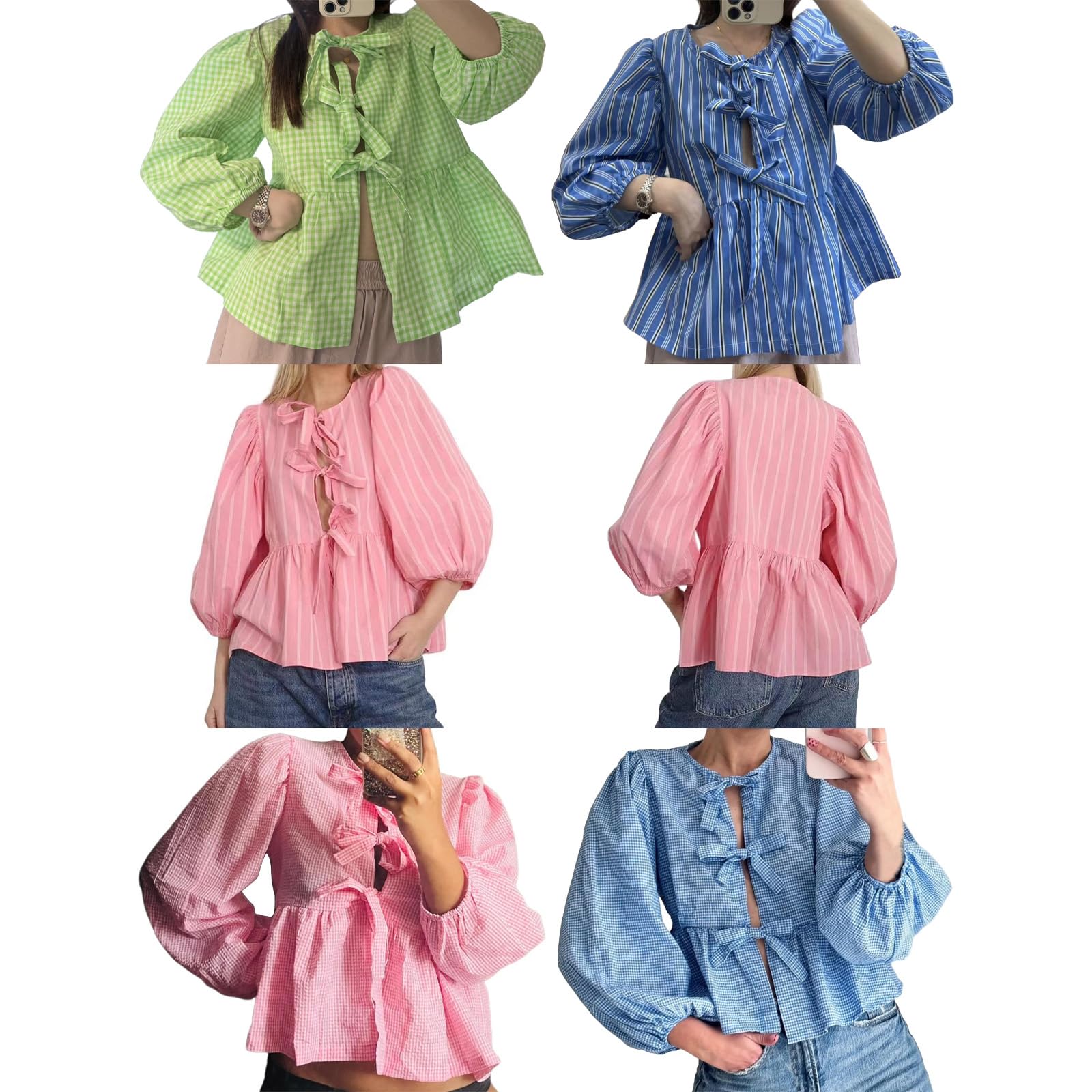 Tie Front Tops Womens Y2k Print Peplum Babydoll Top 3/4 Length Puff Sleeve Coquette Cute Going Out Tops