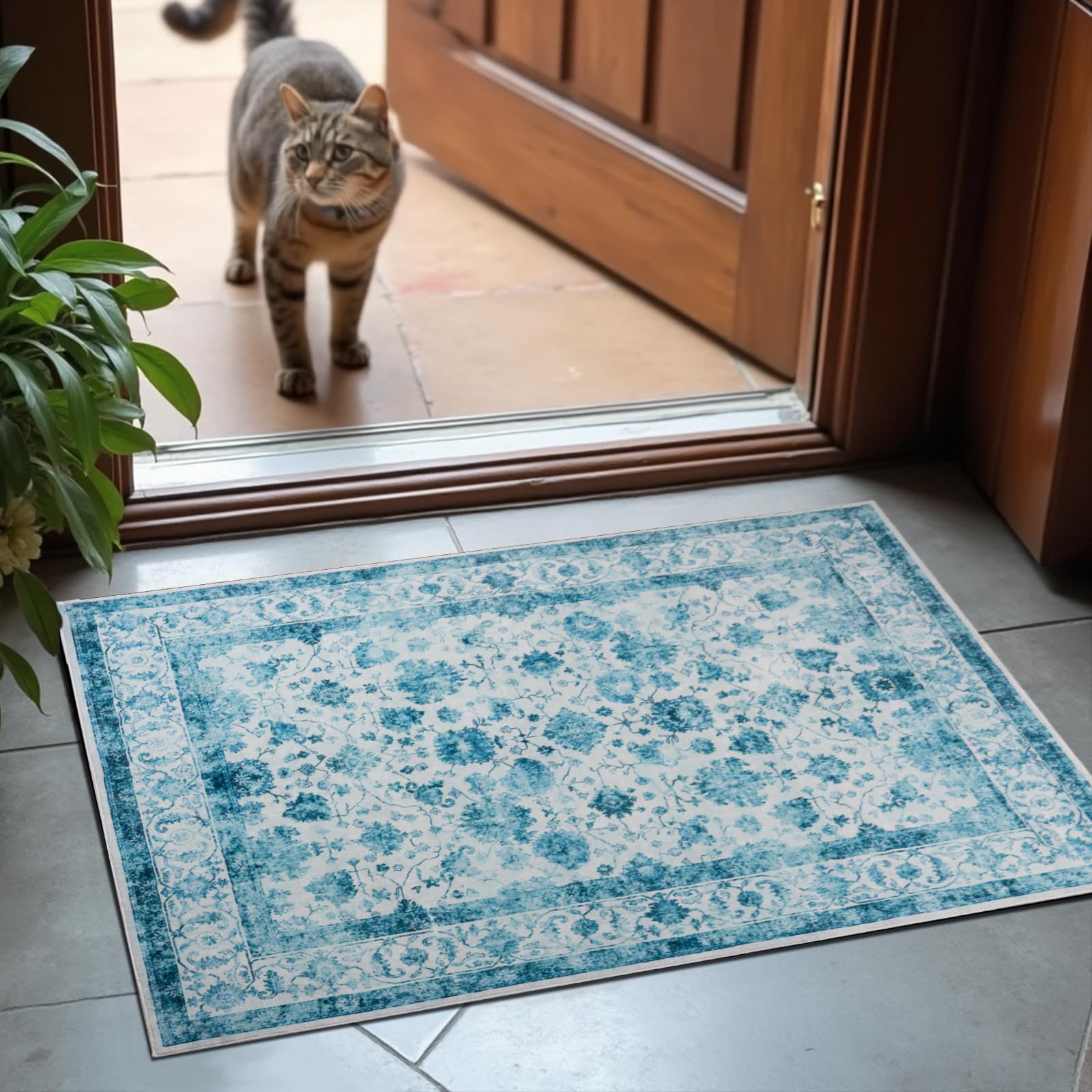 Washable Area Rugs Door Mat Entryway Vintage Floral Non-Slip Low Pile Entrance Thin Rug Carpet for Kitchen Bathroom Living Room Pink