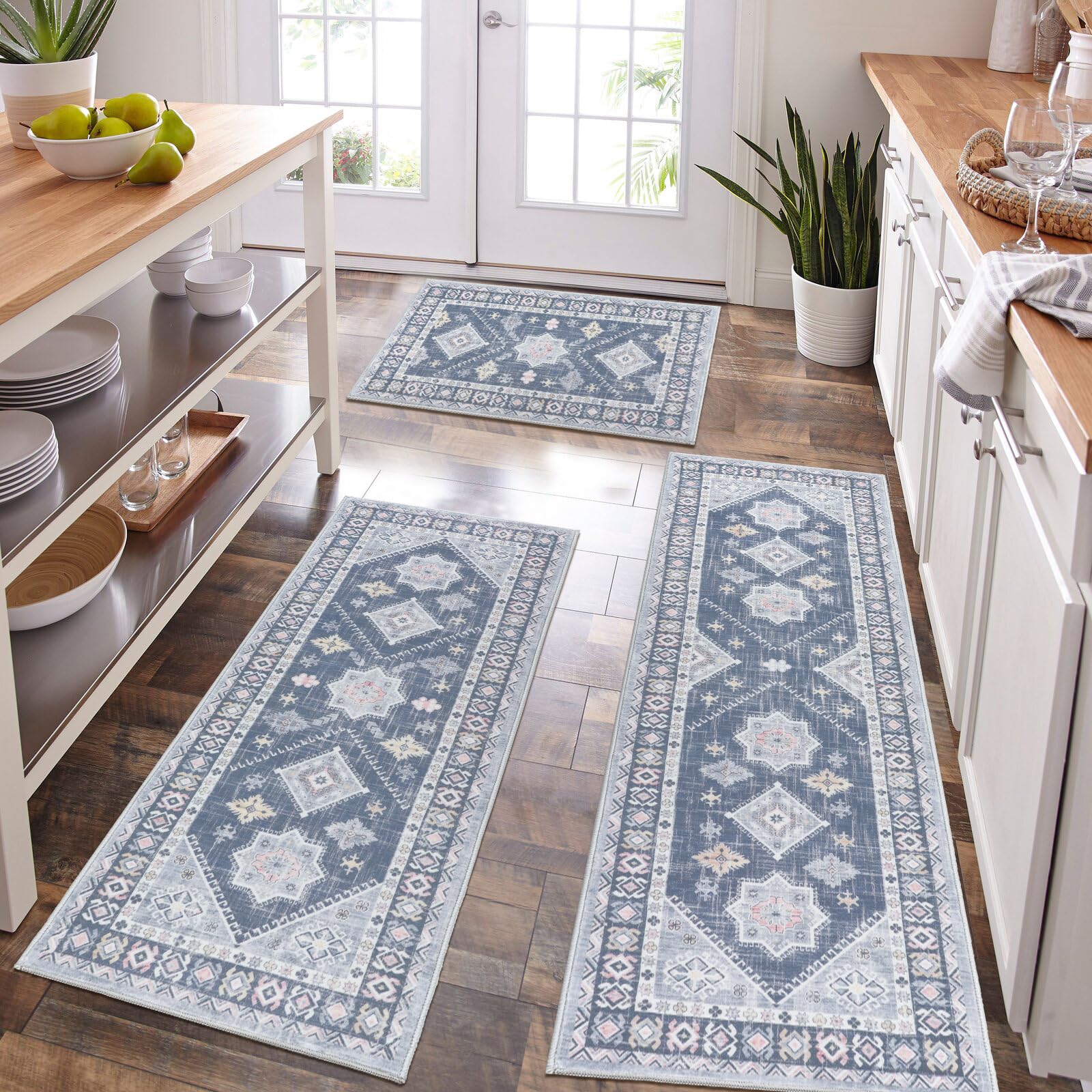 Thick Boho Kitchen Rug Sets 3 Piece with Runner Non Slip Kitchen Rugs and Mats Washable Kitchen Mats