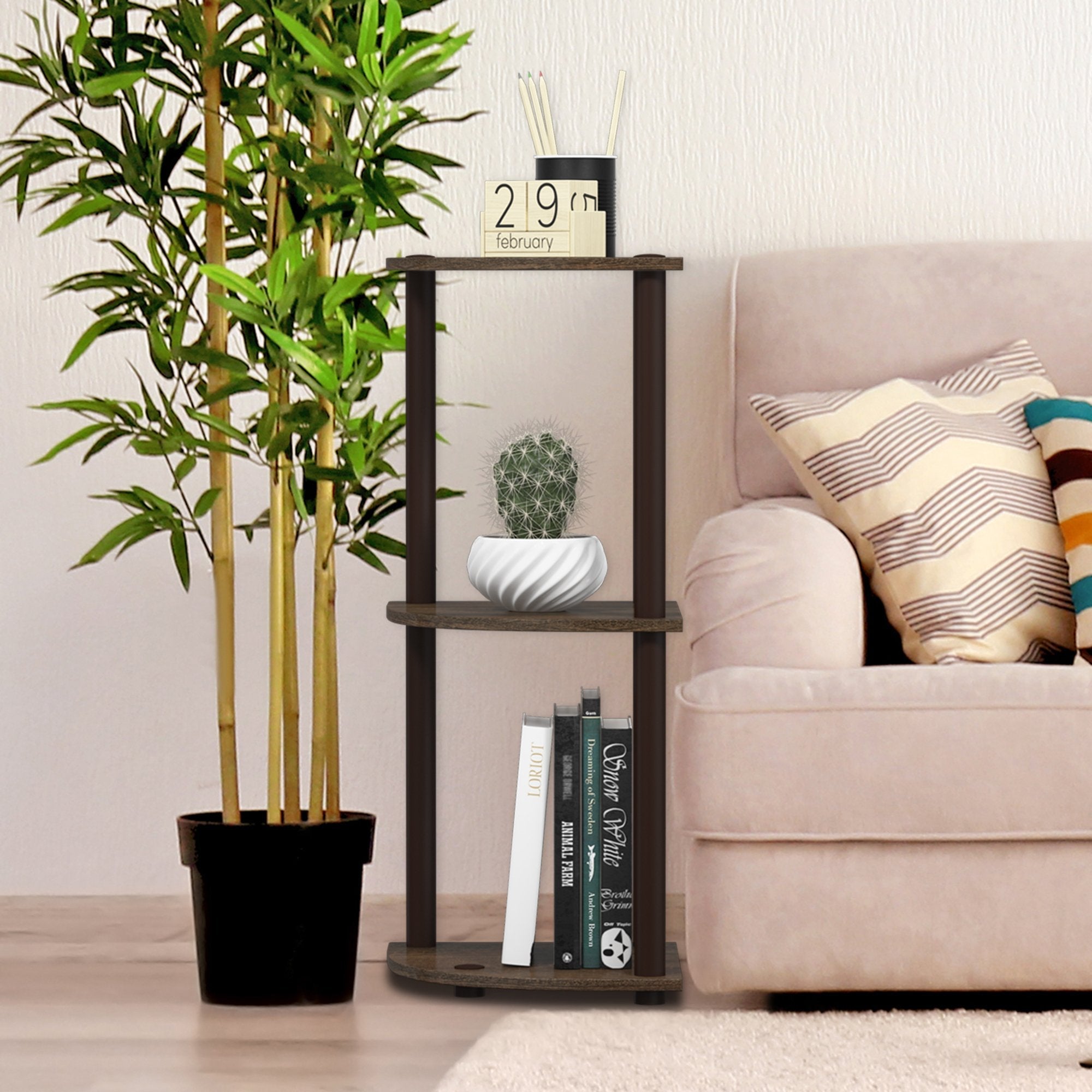 Three-Tier Round Tube Reversible Corner Display Rack Multipurpose Shelving Unit