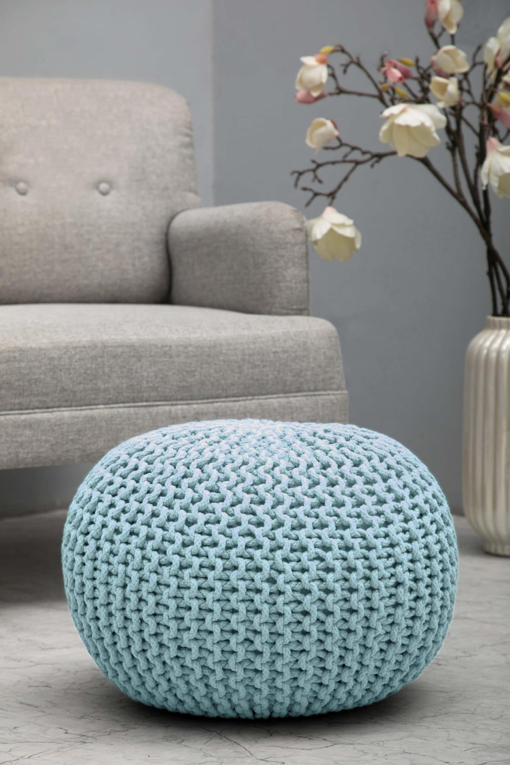 Hand-Knitted Cotton Round Pouf â€?Braid Cord Ottoman, Footrest, and Accent Seat for Living Room, Nursery, Kids Room, or Dorm Décor â€?20x14