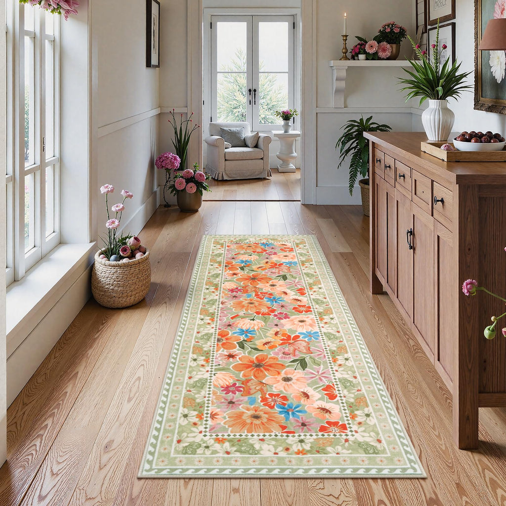 Floral Hallway Runner Rug, Runner Rugs Non Skid Washable, Low Pile Soft Boho Rugs