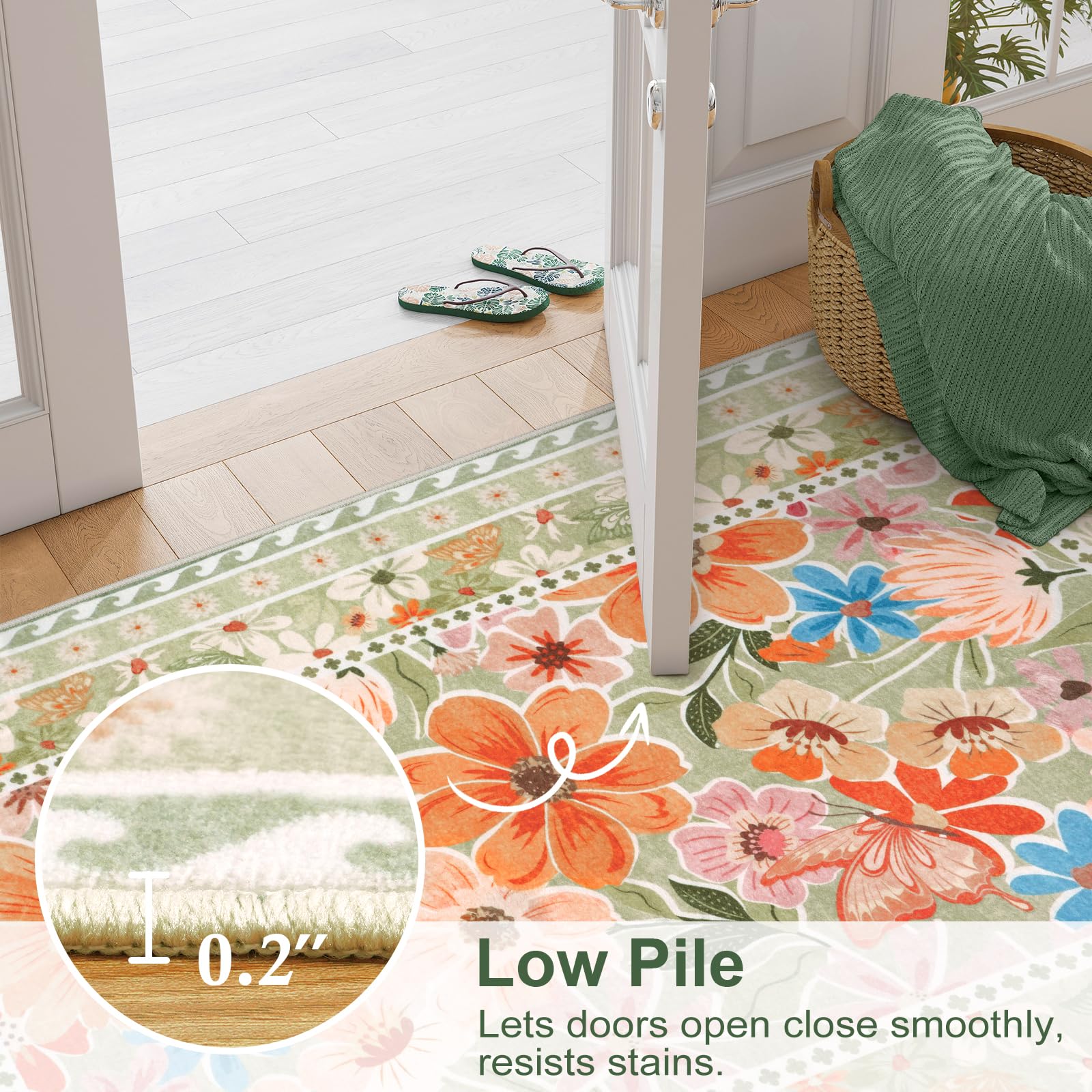 Floral Hallway Runner Rug, Runner Rugs Non Skid Washable, Low Pile Soft Boho Rugs