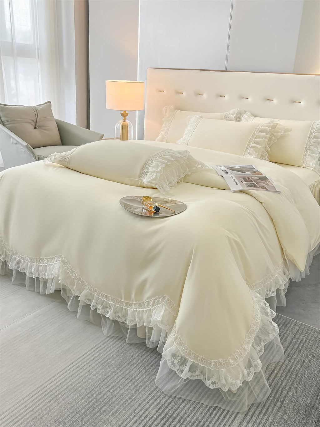 Chic Ruffle Lace Polyester Duvet Cover Set -Bedding-2 Piece Duvet Cover with Zipper Closure -Ultra Soft and Light Weight