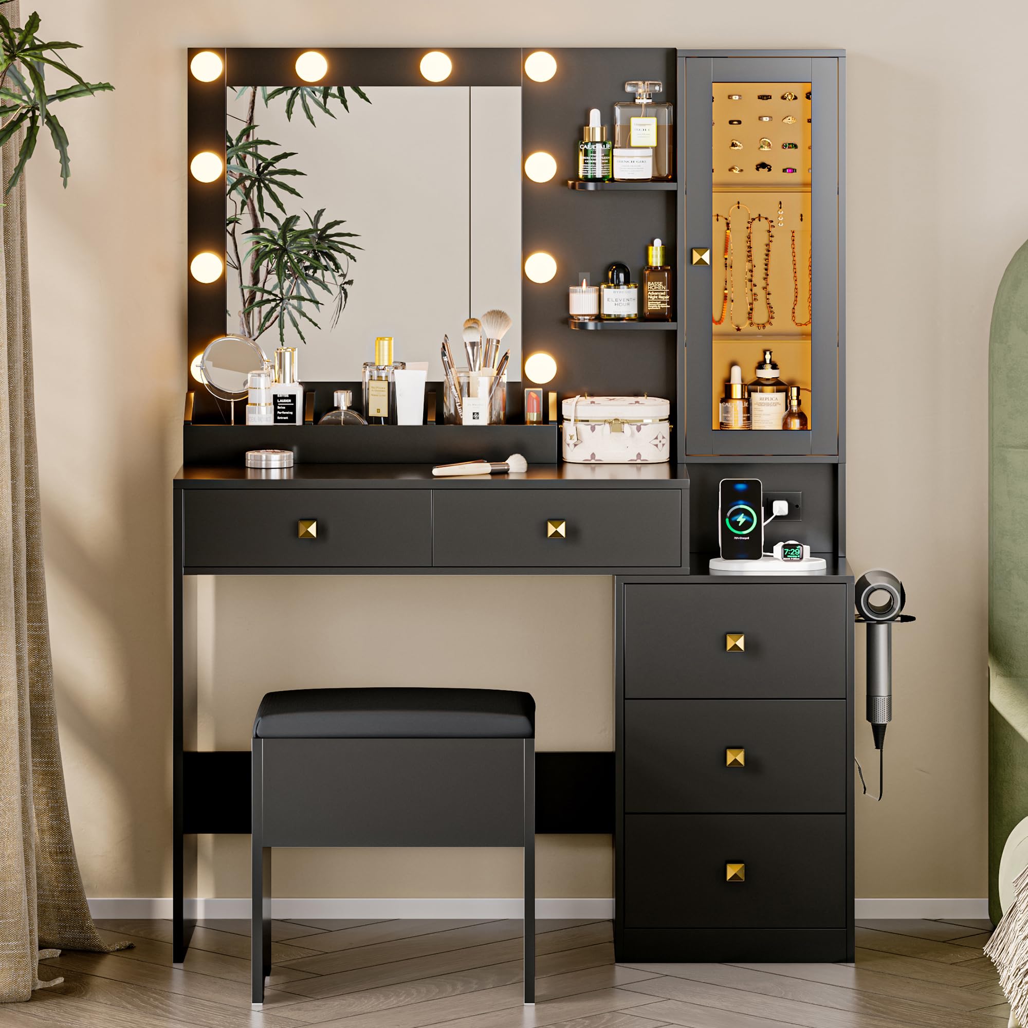 Vanity Desk with Mirror and Lights, Pink Makeup Vanity with 5 Drawers Hidden Jewelry Organizer& LED Glass Cabinet, 3 Lights Mode and Brightness Adjusted,Vanity Mirror with Lights Desk and Chair