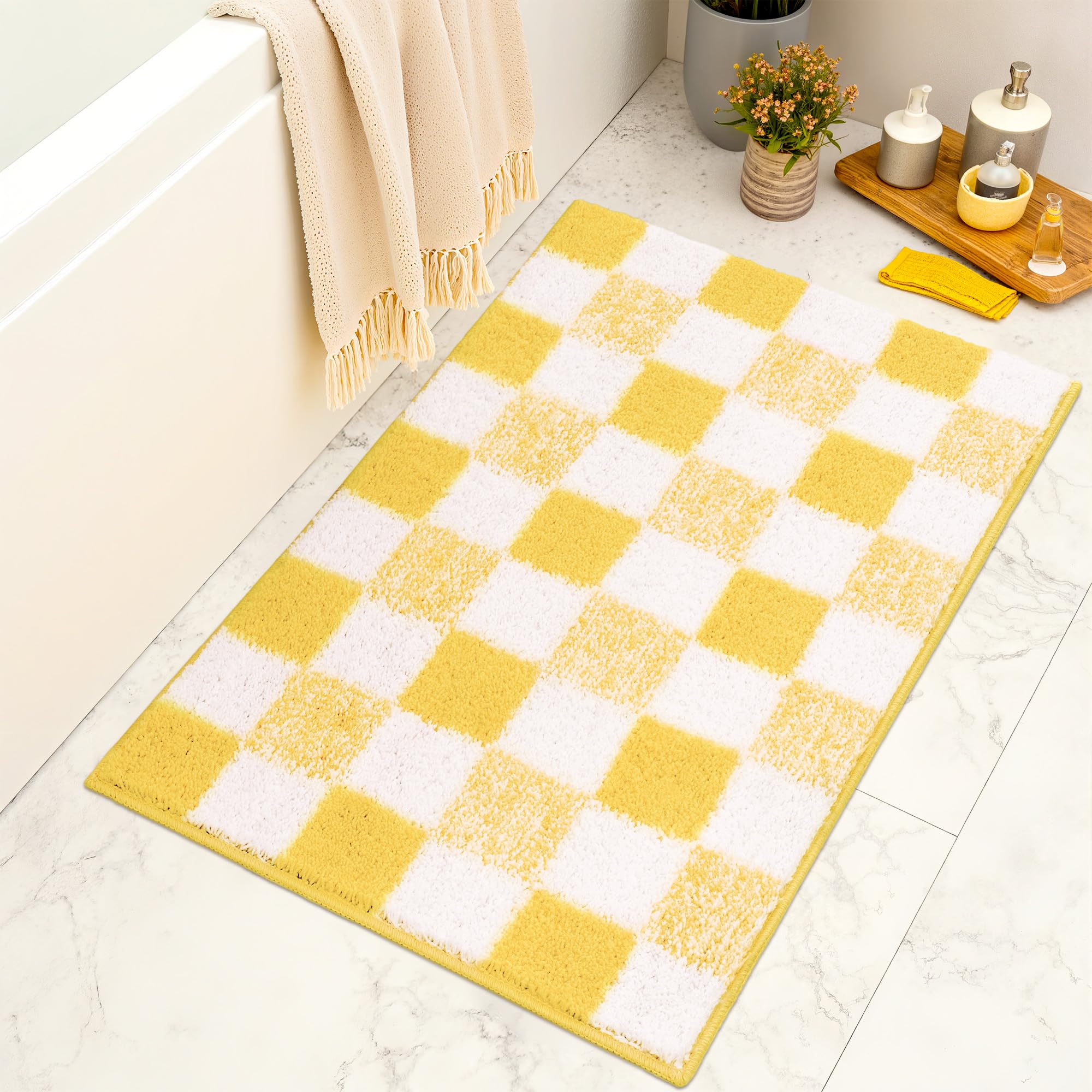 Checkered Bathroom Rugs, Fluffy Rug, Absorbent Microfiber Ultra Soft Bath Mat Washable, Non-Slip Bath Mats for Bathroom, Cute Floor Mat