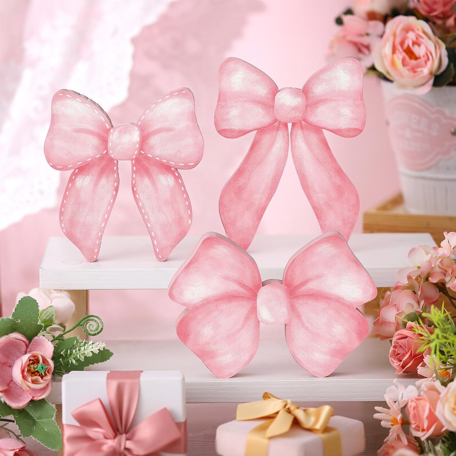 Pink Bow Coquette Room Decor Wooden Sign - Bow Tiered Tray Decor, Wall Desk Shelf Tabletop Decoration 3 Pcs