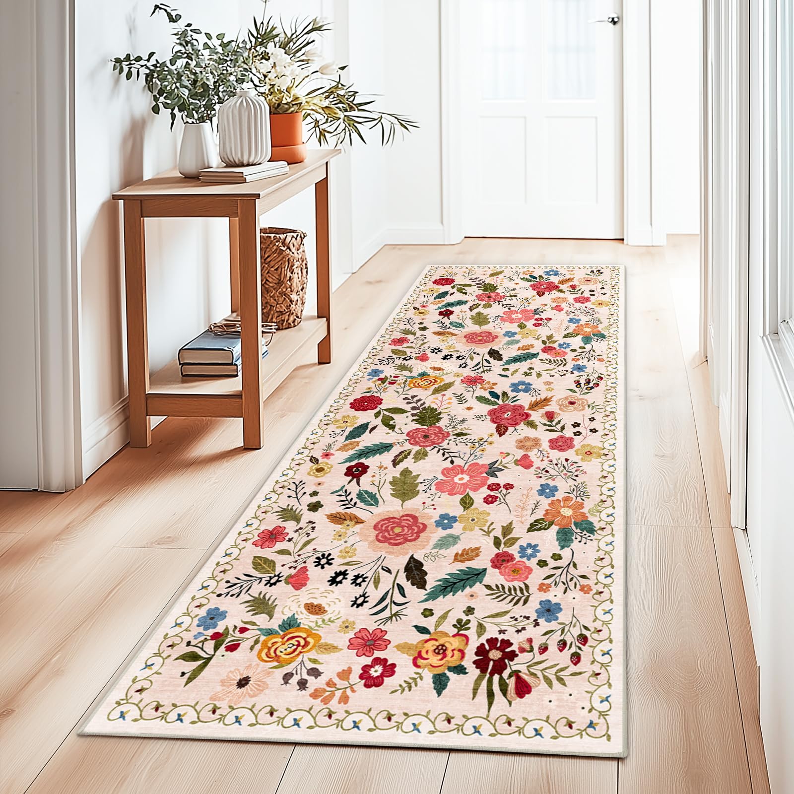 Boho Floral Vintage Rug for Home Washable Rugs Soft Low Pile, Non Slip Non-Shedding