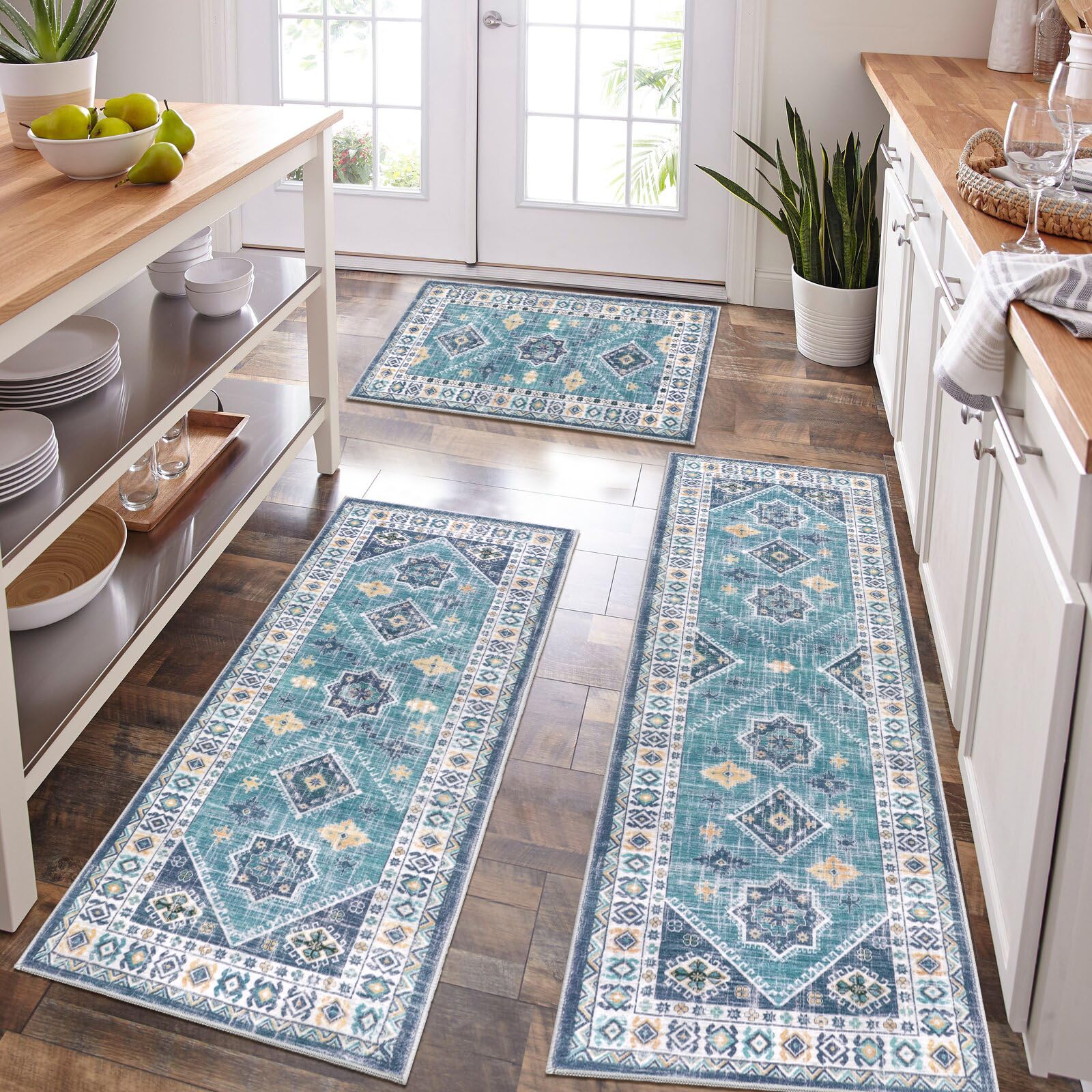 Thick Boho Kitchen Rug Sets 3 Piece with Runner Non Slip Kitchen Rugs and Mats Washable Kitchen Mats