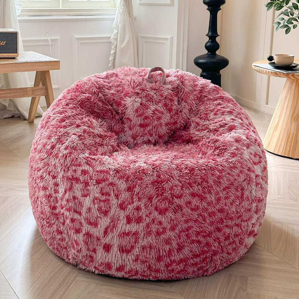 Faux Fur Leopard Print Bean Bag Chair Cover (No Filler), Fluffy Stuffed Animal Storage Cheetah Bean Bag Home Decor, Furry Fuzzy Big Beanbag Cover, Anti-Slip