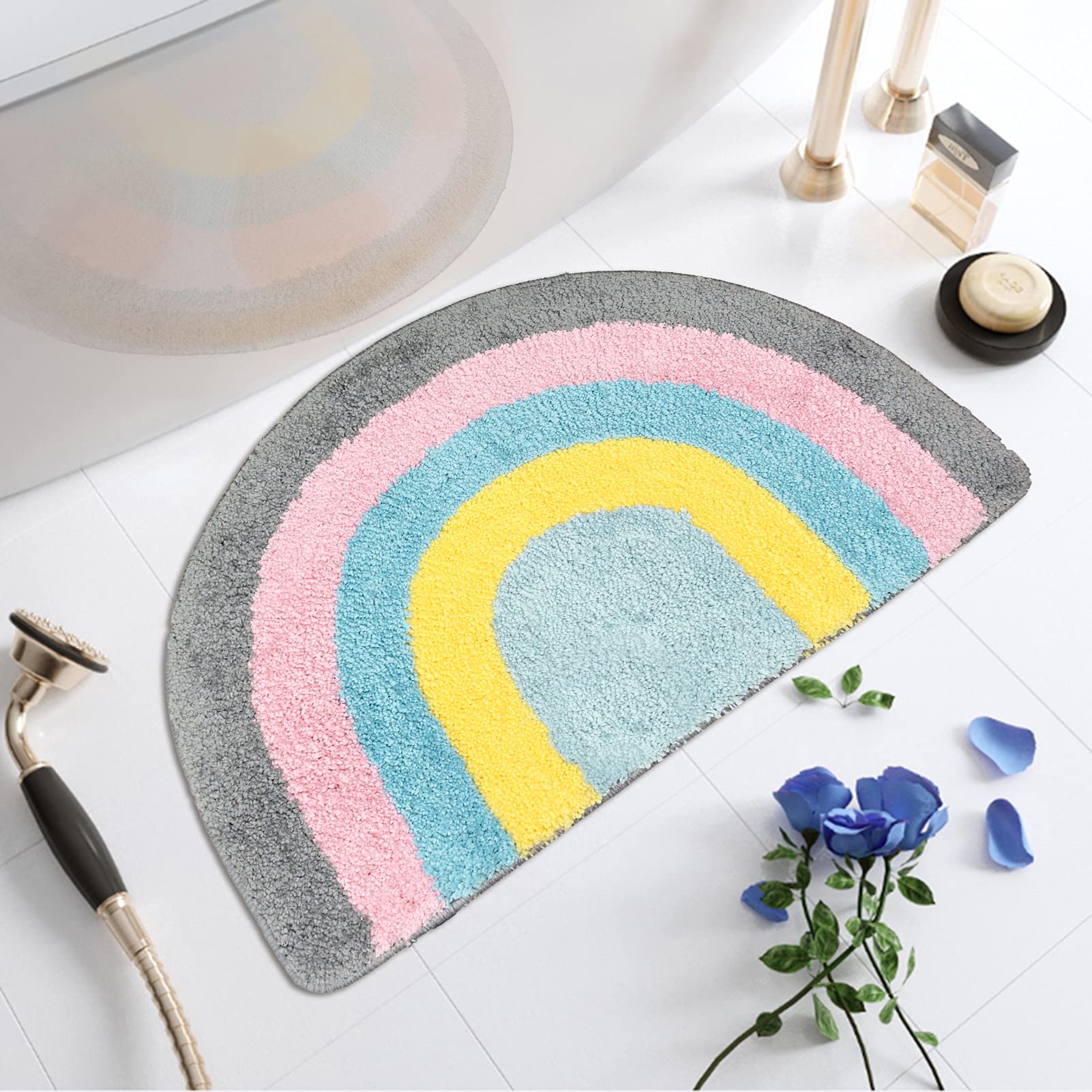 Rainbow Bathroom Rug Half Circle Bath Area Rug Doormat Rainbow Bath Mat Small Kids Room Throw Rug Water Absorbent Quick Dry 17.7"x27.6"