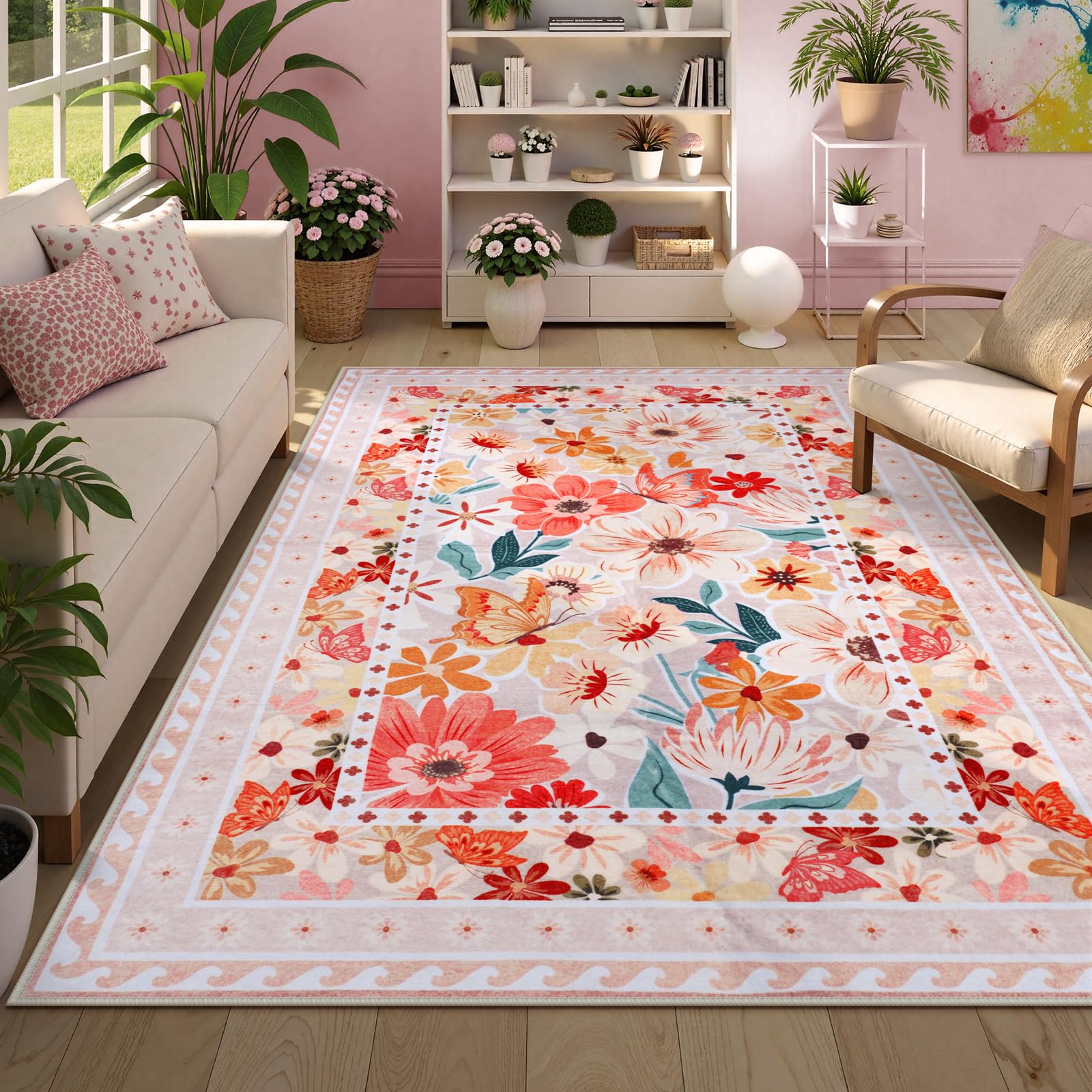 Floral Hallway Runner Rug, Runner Rugs Non Skid Washable, Low Pile Soft Boho Rugs