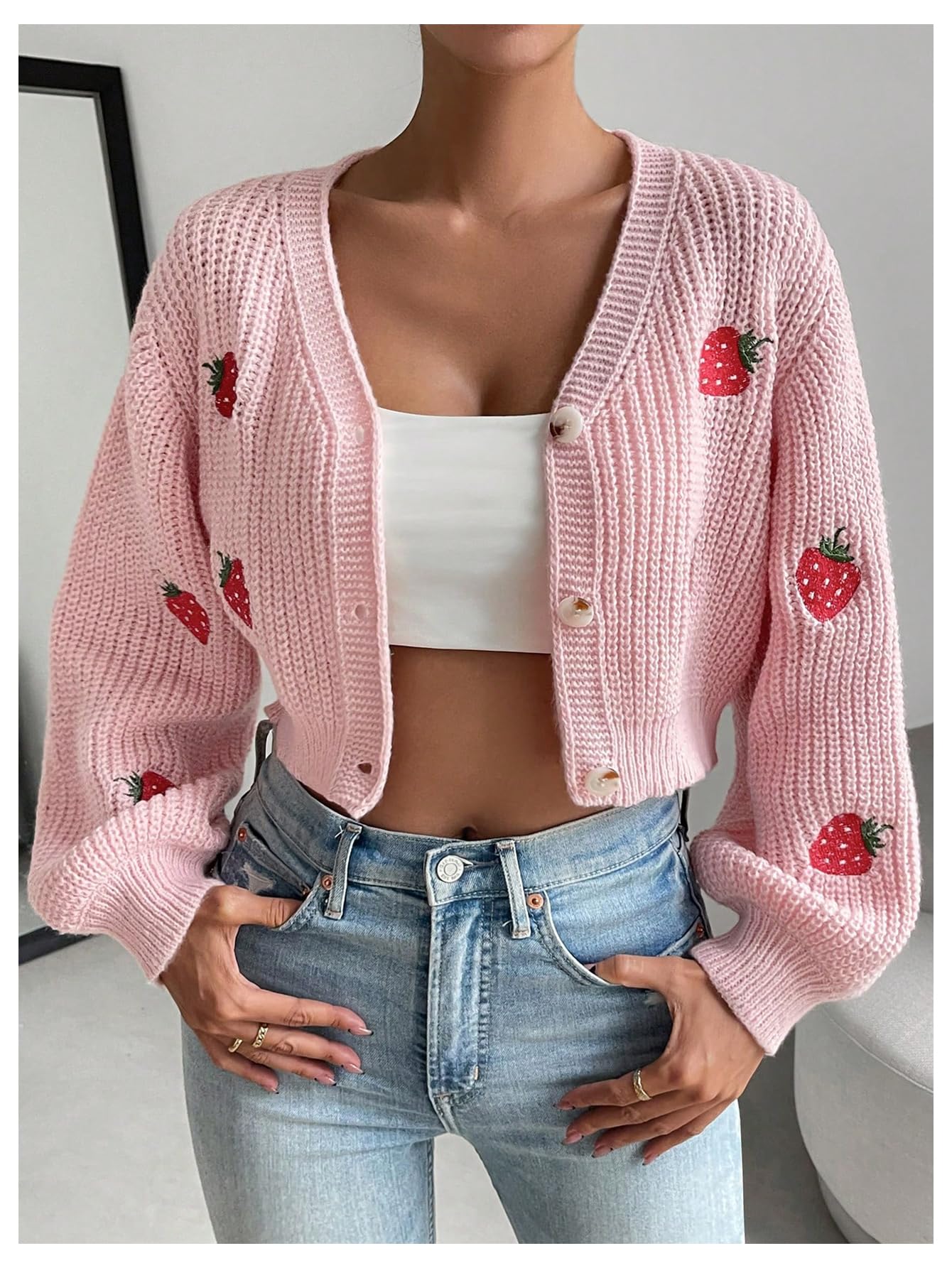Women's Strawberry Embroidery Crop Cardigan Drop Shoulder Button Up Sweater Tops V Neck Outerwear