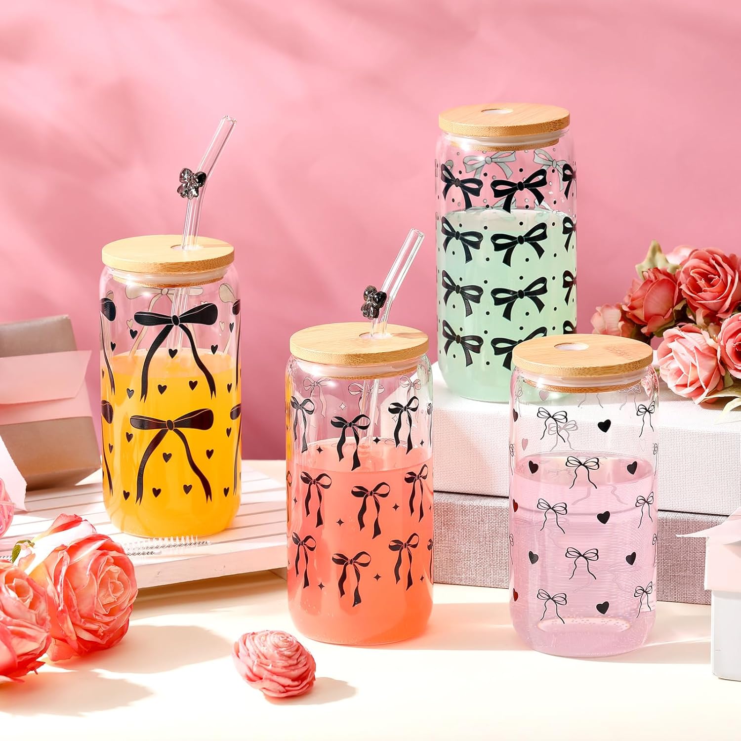 Coquette 4 Set Black Bow Aesthetic Glass Cups with Bamboo Lids and Straws 16 oz