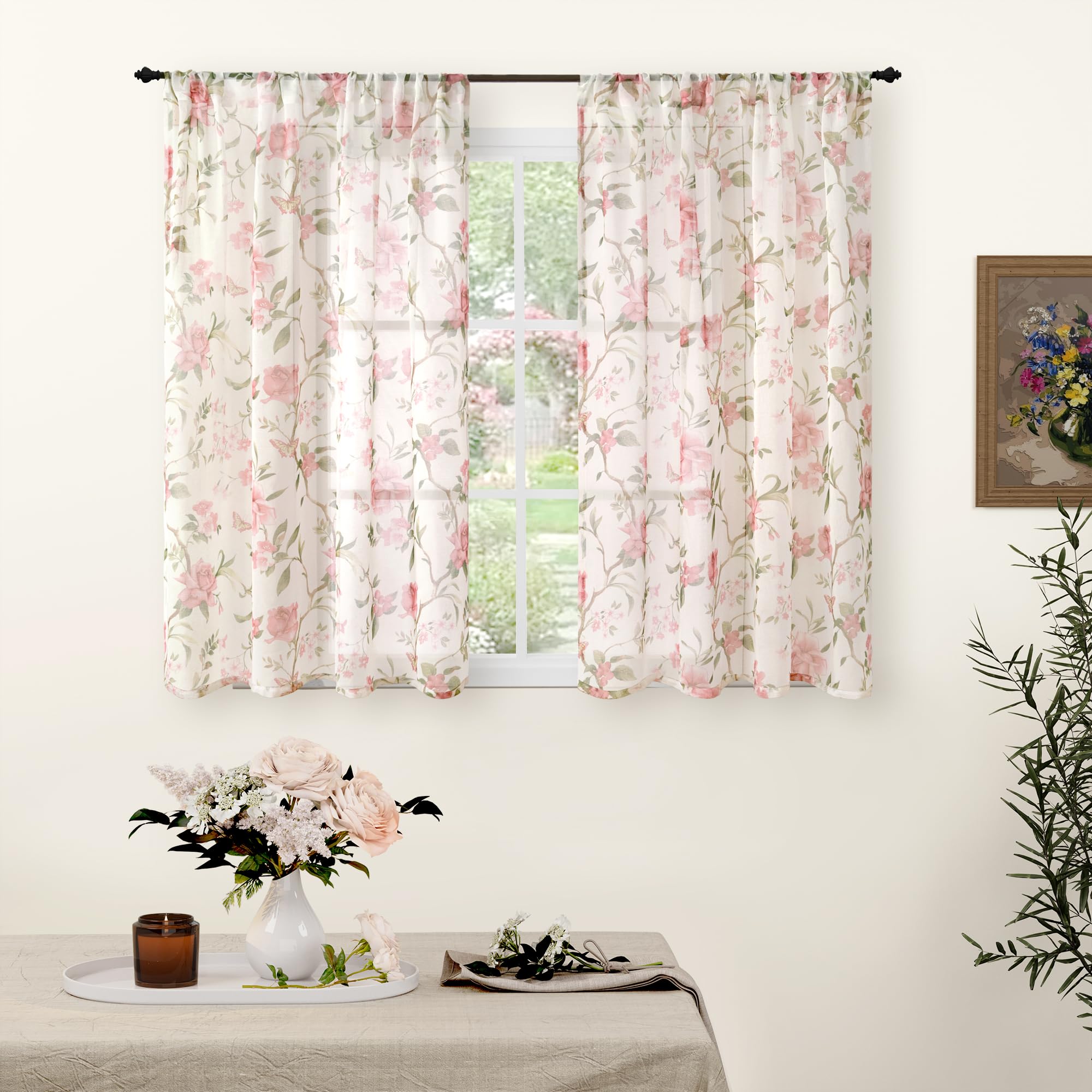 Floral Sheer Curtains, Vintage Light Filtering Semi-Sheer Linen Curtains