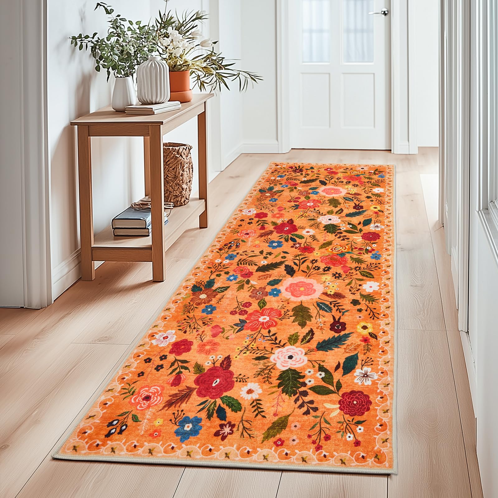 Boho Floral Vintage Rug for Home Washable Rugs Soft Low Pile, Non Slip Non-Shedding