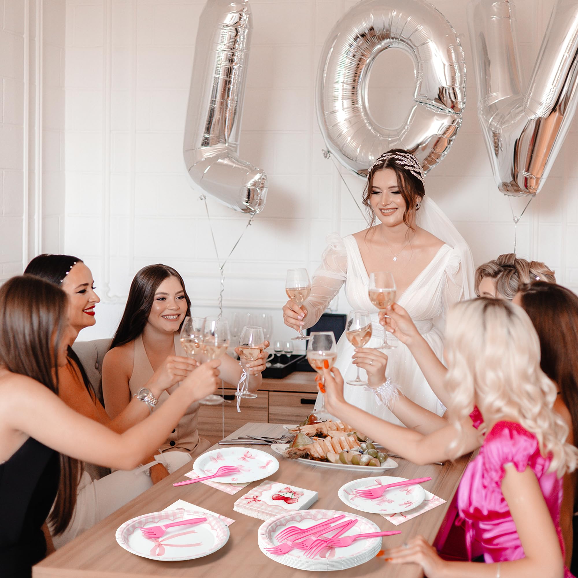 Coquette Cute Bow Party Tableware Decorations - Disposable Paper Plates Napkins Forks