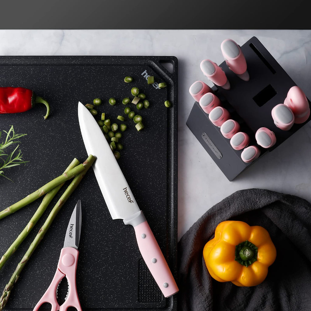 Kitchen Knife Block Set, 14 Pieces Knife Set with Wooden Block & Sharpener Steel & All-purpose Scissors, High Carbon Stainless Steel Cutlery Set