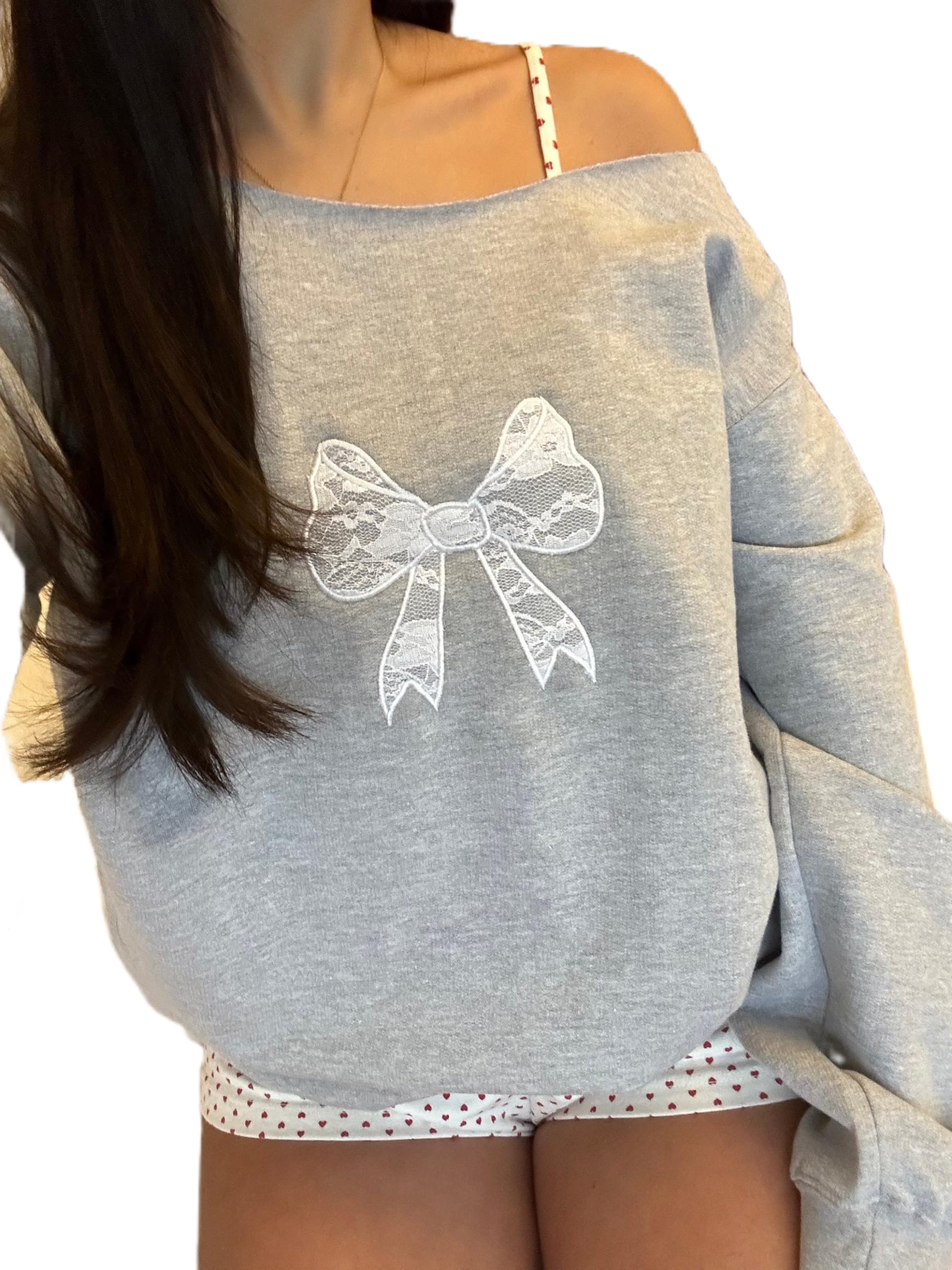 Women Y2k Off Shoulder Sweatshirt Long Sleeve Bow Print Pullover Top Vintage Graphic Sweatshirt