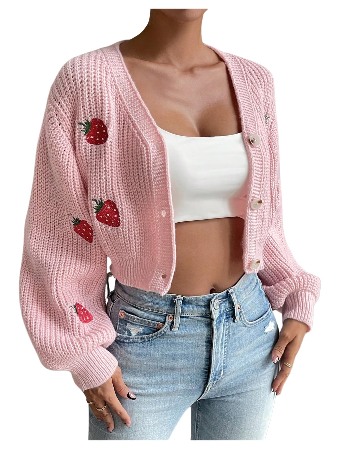 Women's Strawberry Embroidery Crop Cardigan Drop Shoulder Button Up Sweater Tops V Neck Outerwear