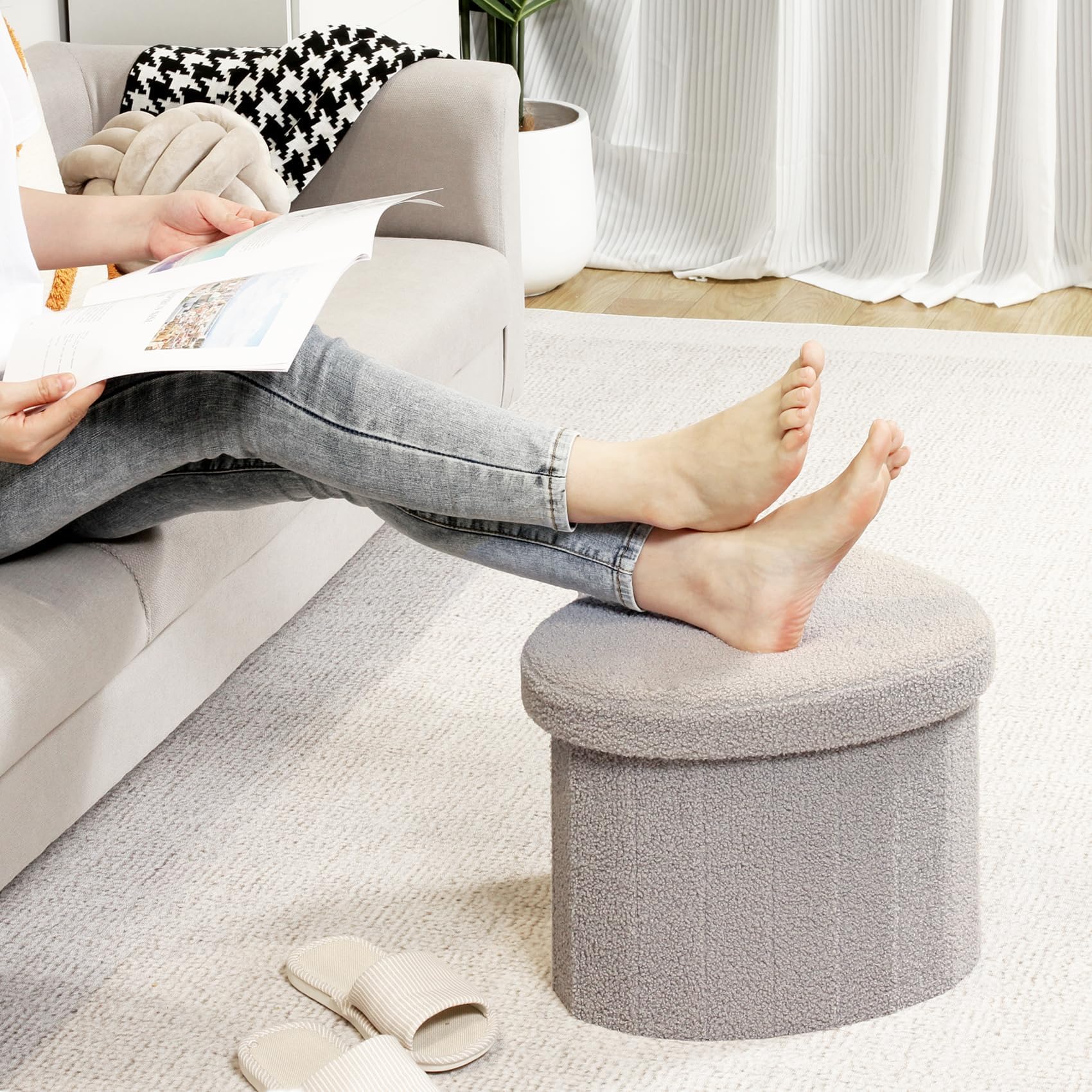 Flower-Shaped Storage Ottoman â€?Boucle Footstool & Seat for Living Room & Dorm