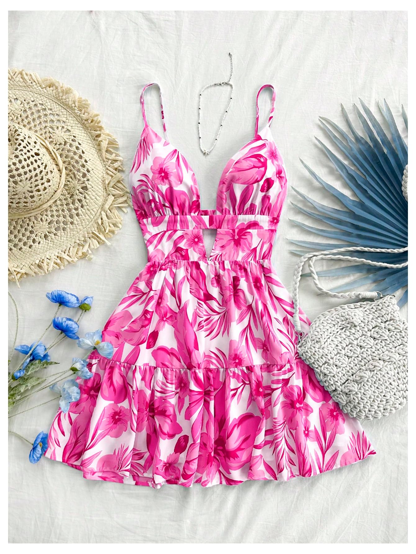 Women's Sleeveless Butterfly Print Cut Out V Neck Tiered Mini Cami Dresses