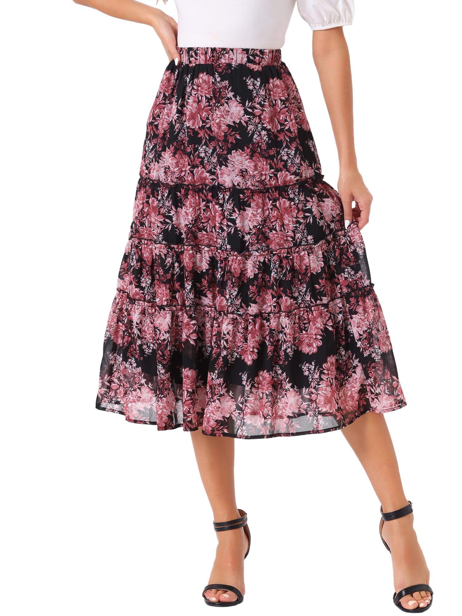 Women's Floral Skirt Chiffon A-line Long Tiered Ruffle Boho