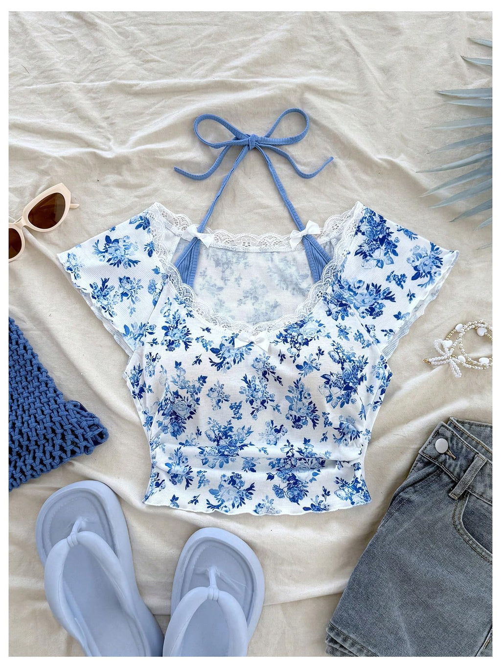 Women's Contrast Lace Halter Neck Lettuce Trim Casual Crop Tee Tops