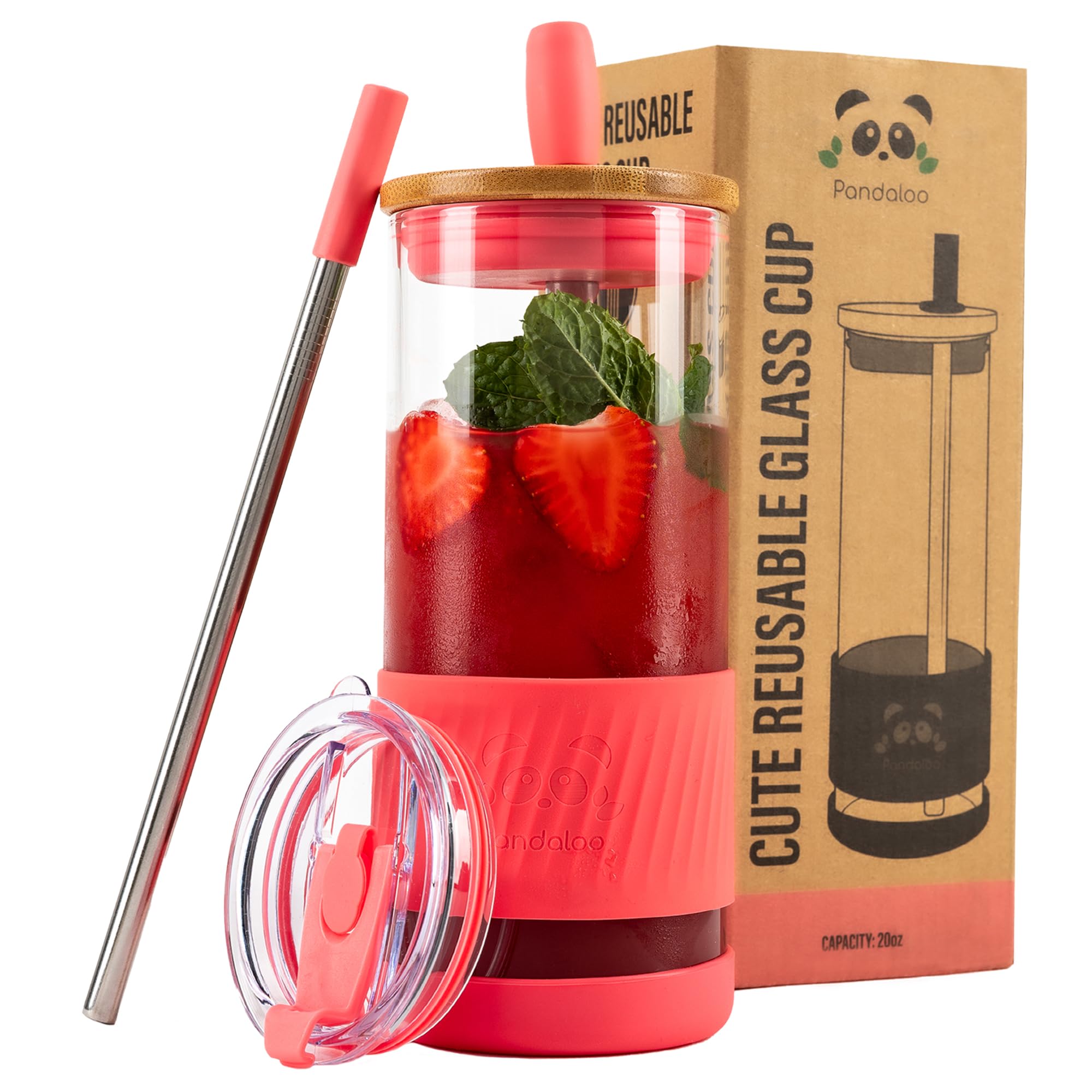 Pandaloo® Glass Cups With Lids and Straws -20 Fl Oz- Perfect Size Iced Coffee Cup - Smoothie Cup With Bamboo Lid and On the go Lid - Glass Tumbler With Straw