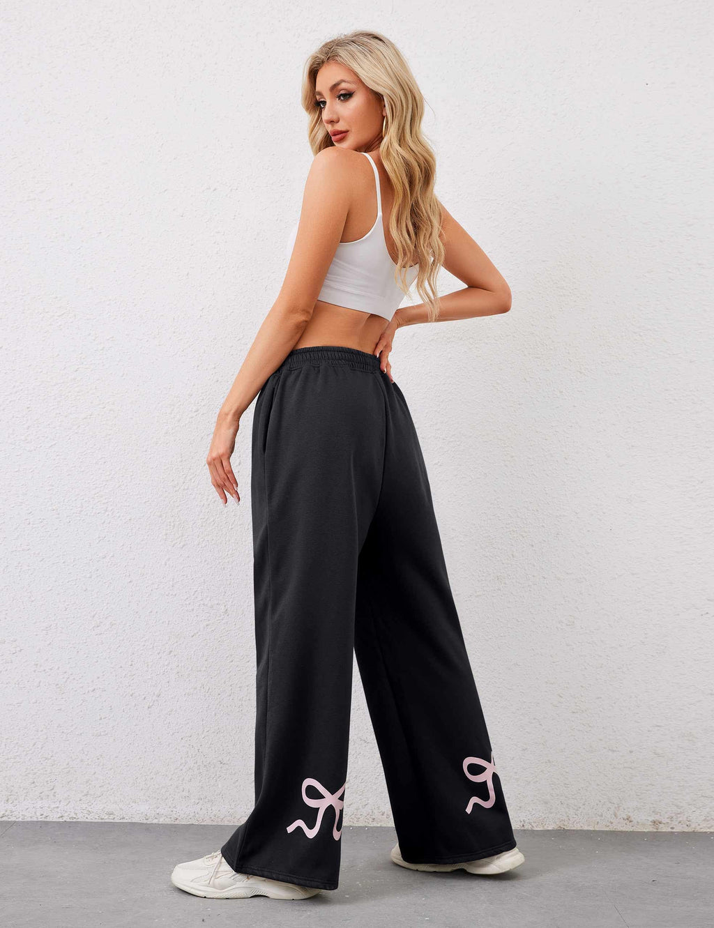Women's Wide-Leg Sweatpants â€?Straight Leg, Graphic Bow Print, Elastic Waistband, Lounge Joggers with Pockets