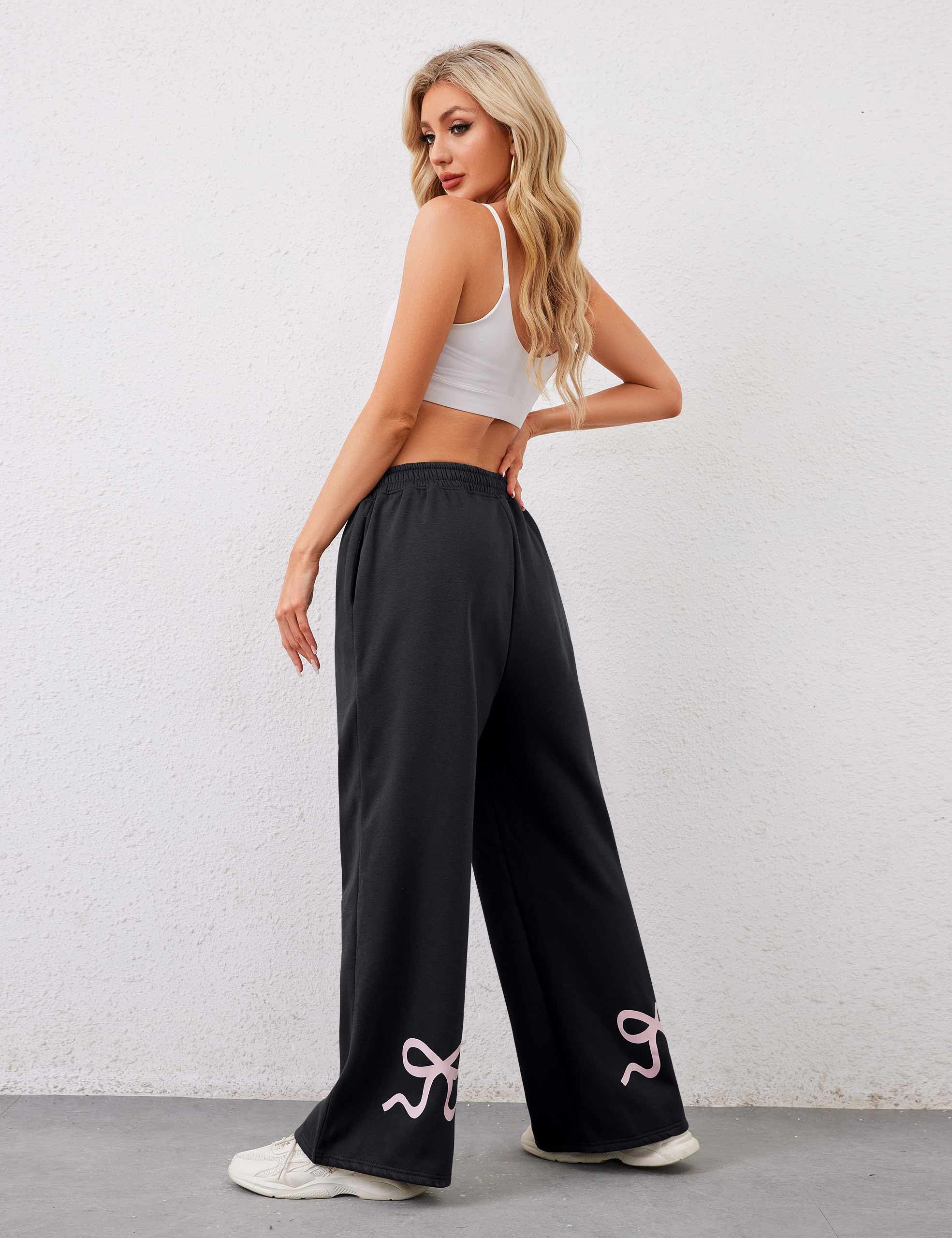 Women's Wide-Leg Sweatpants â€?Straight Leg, Graphic Bow Print, Elastic Waistband, Lounge Joggers with Pockets