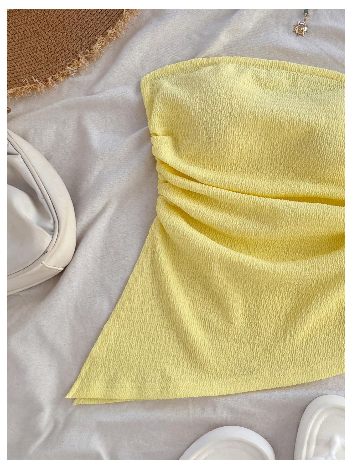 Women's Strapless Asymmetrical Tube Tops Sleeveless Ruched Crop Bandeau Summer Going Out Backless Top Dressy