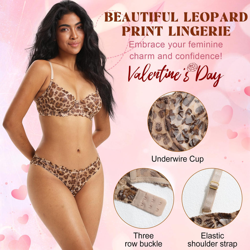 Sheer Lingerie Set for Women Leopard Print Underwire Lace Push Up Bar Matching Bra and Panty Set