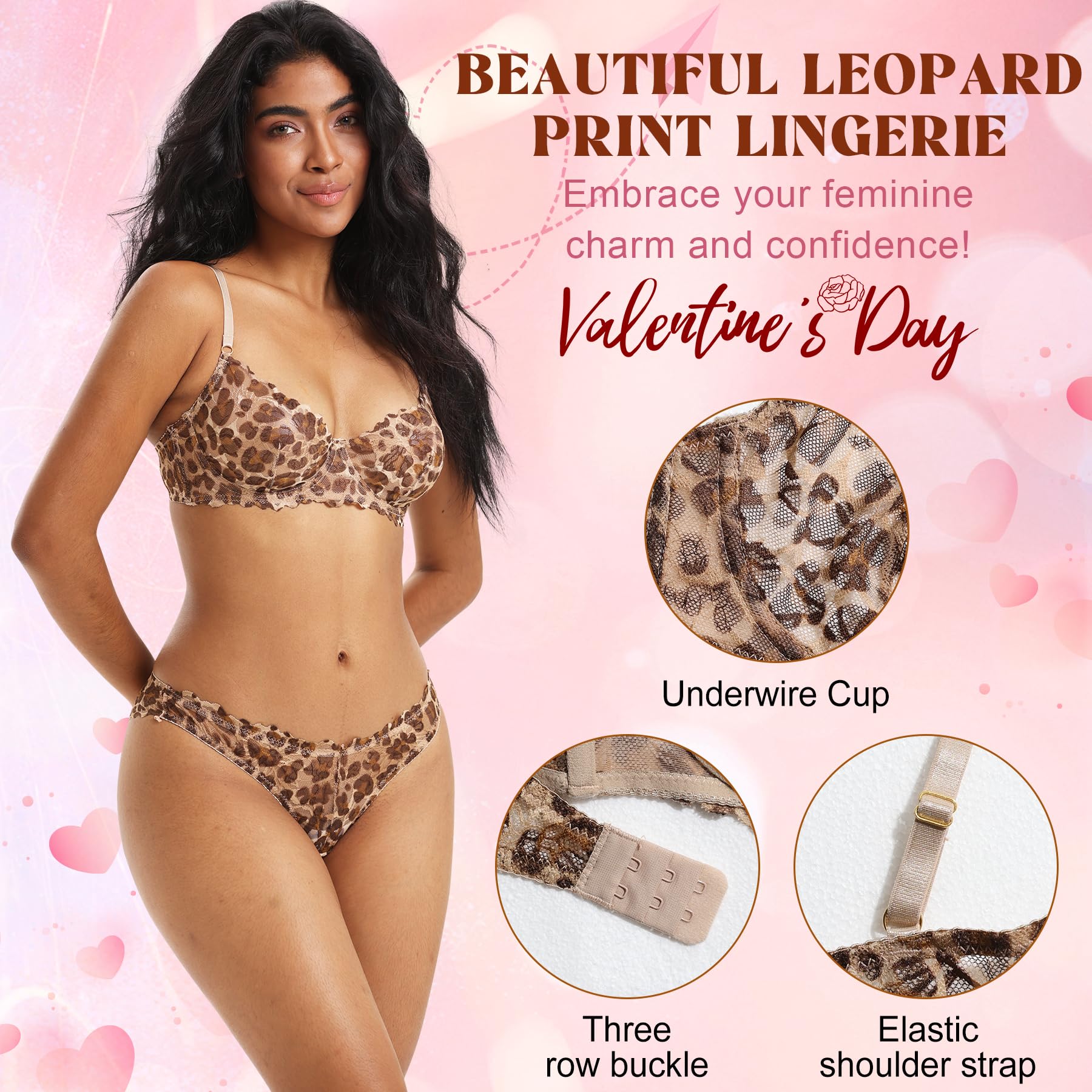 Sheer Lingerie Set for Women Leopard Print Underwire Lace Push Up Bar Matching Bra and Panty Set