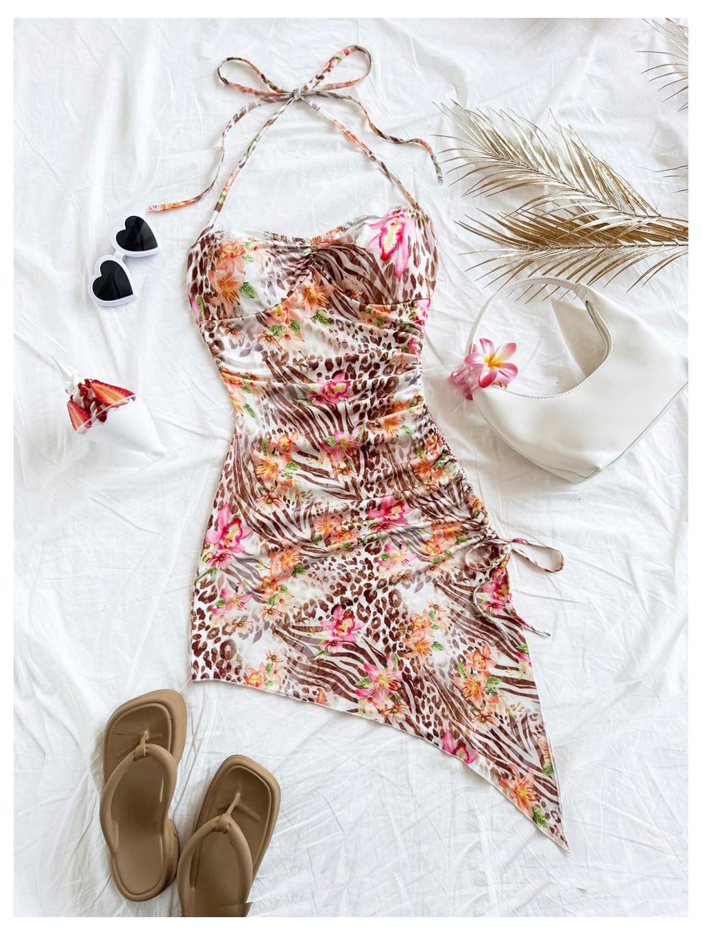 Women's Floral Print Halter Dress Sleeveless Drawstring Asymmetrical Hem Bodycon Dress