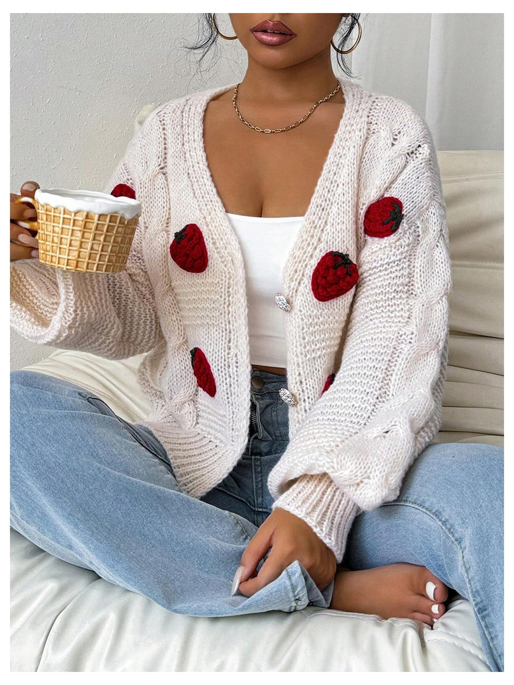 Women's Strawberry Embroidery Crop Cardigan Drop Shoulder Button Up Sweater Tops V Neck Outerwear